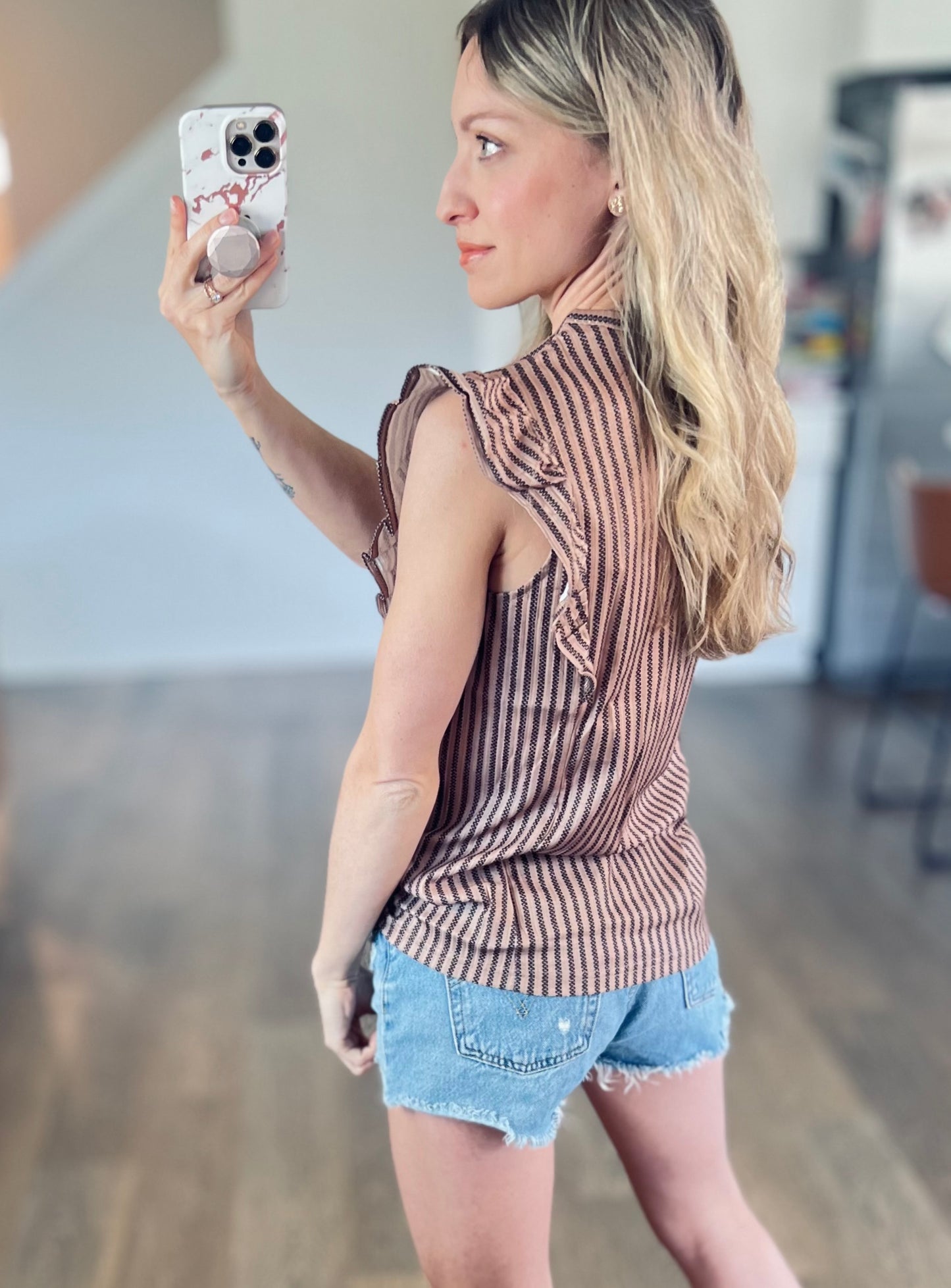 Neutral Stripe Ruffle Top