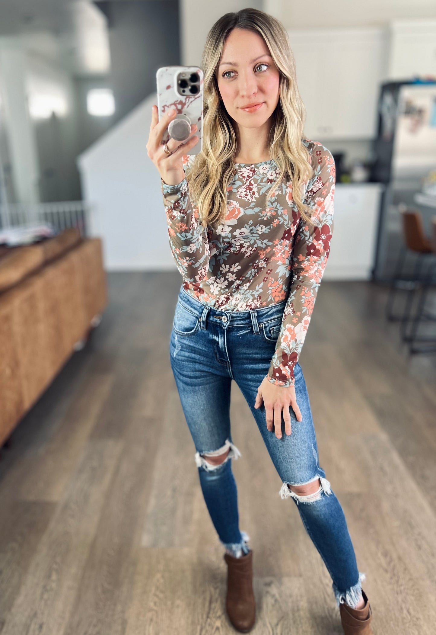 Sage Floral Mesh Top