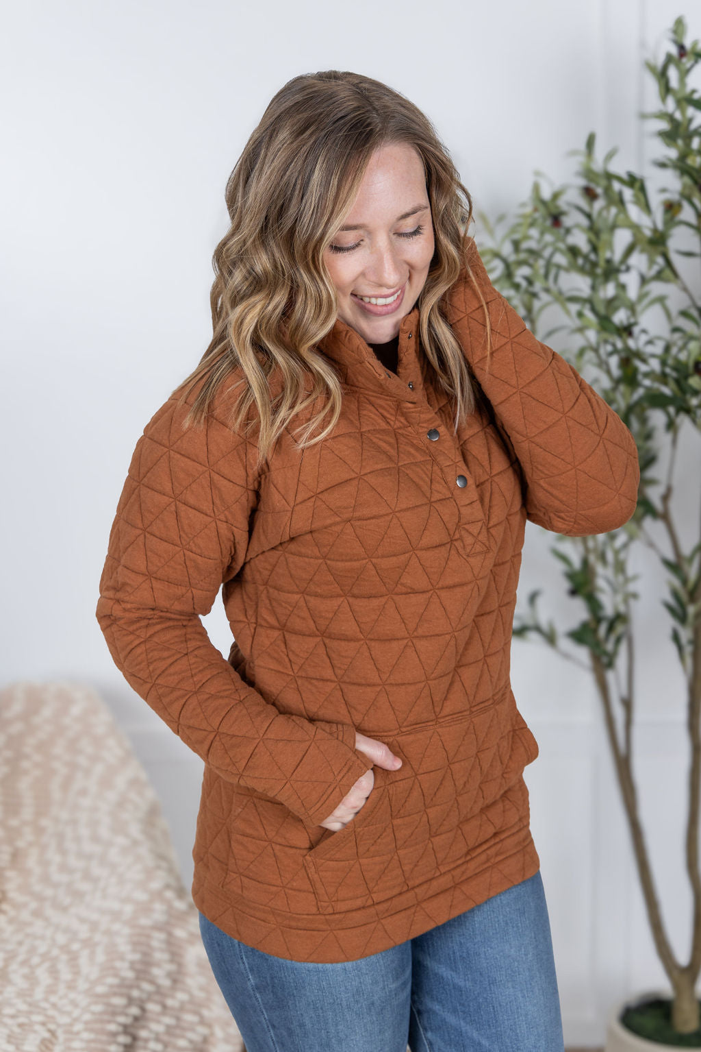 Geometric Button Snap Pullover - Rust