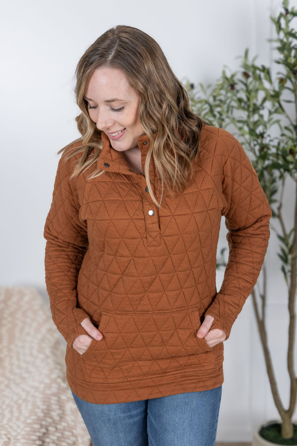 Geometric Button Snap Pullover - Rust