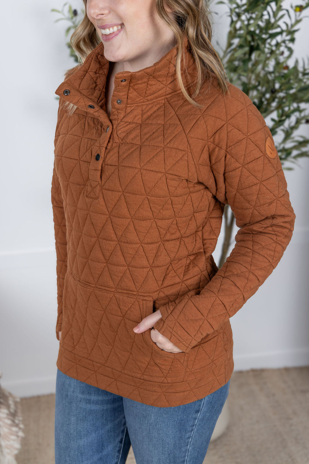 Geometric Button Snap Pullover - Rust