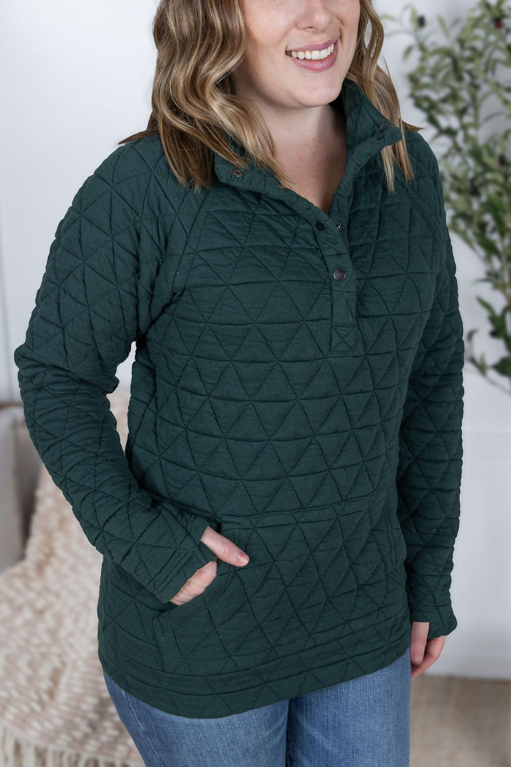 Geometric Button Snap Pullover - Hunter Green
