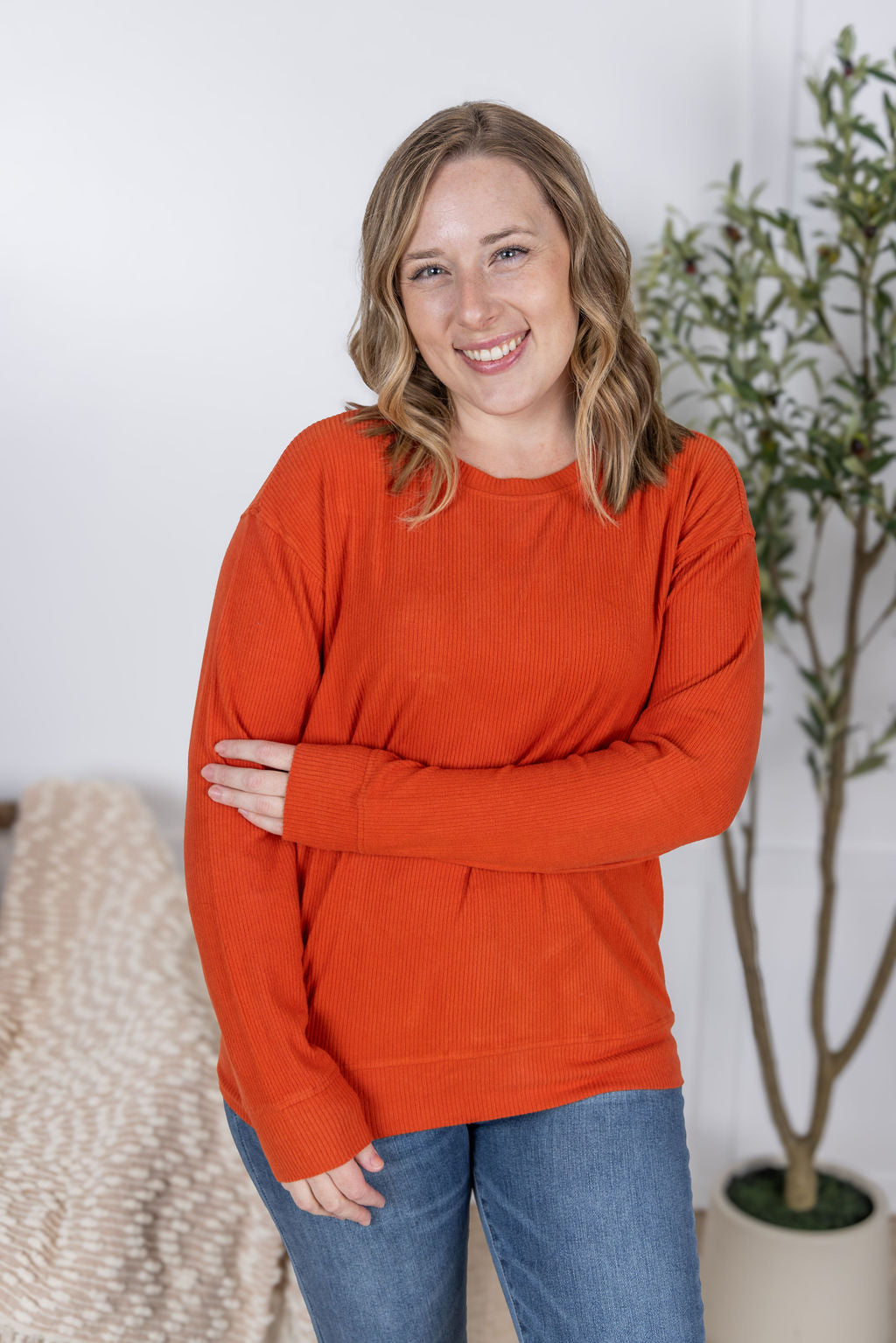 Corrine Ribbed Pullover Top - Pumpkin