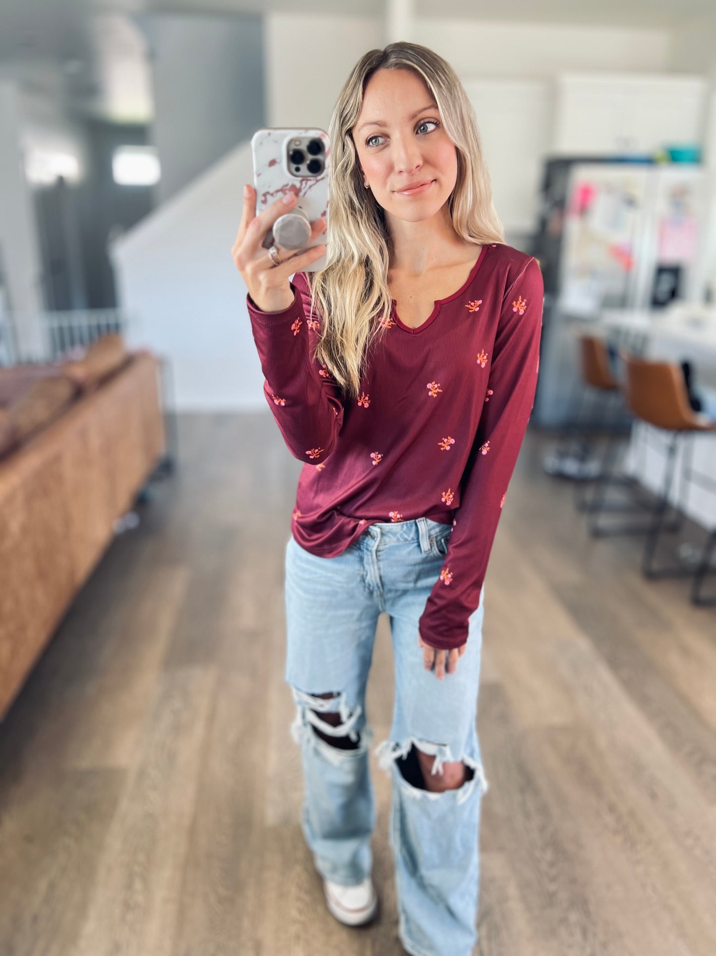 *free ship today* Burgundy Ribbed Floral Long Sleeve