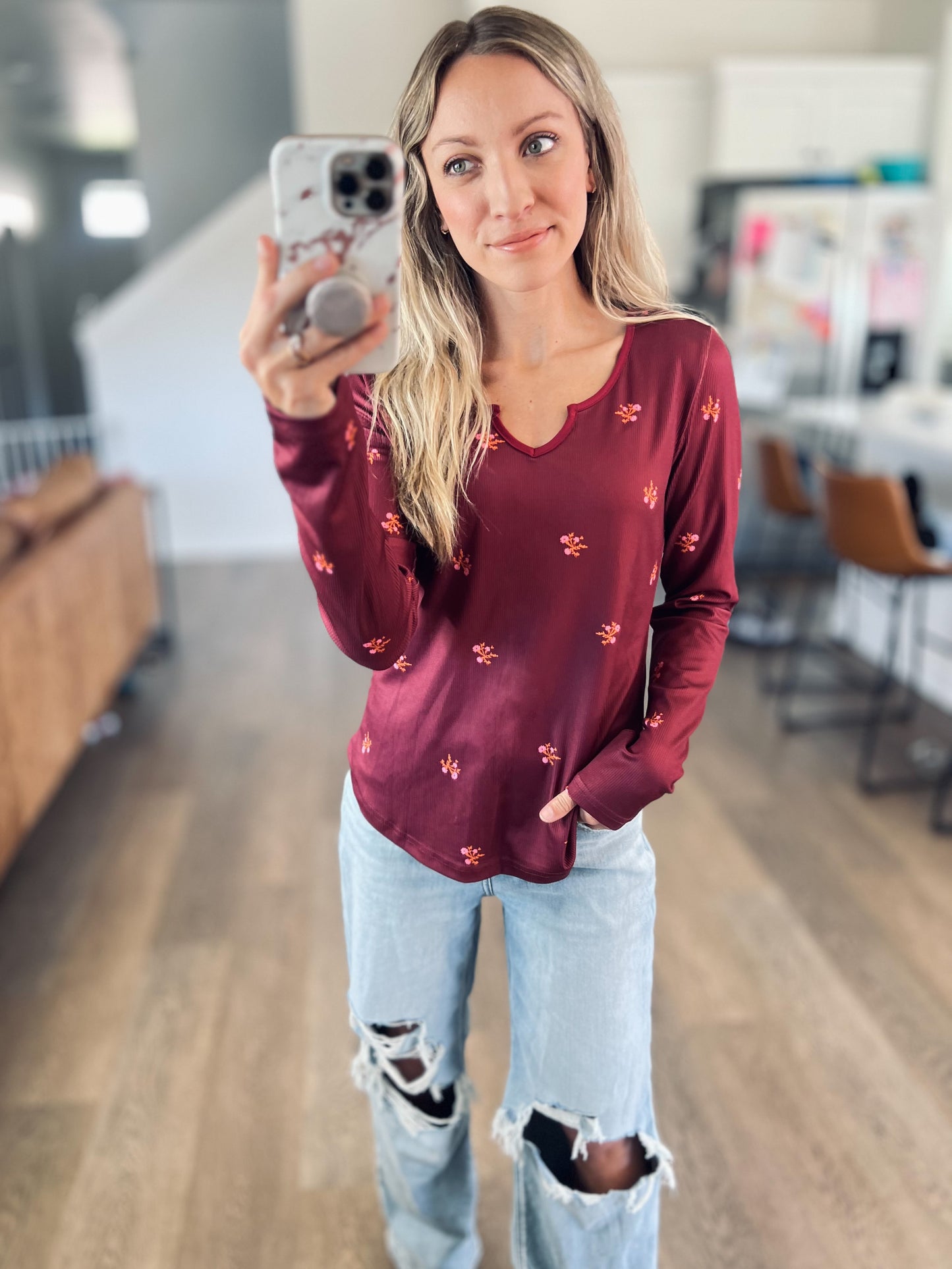 *free ship today* Burgundy Ribbed Floral Long Sleeve