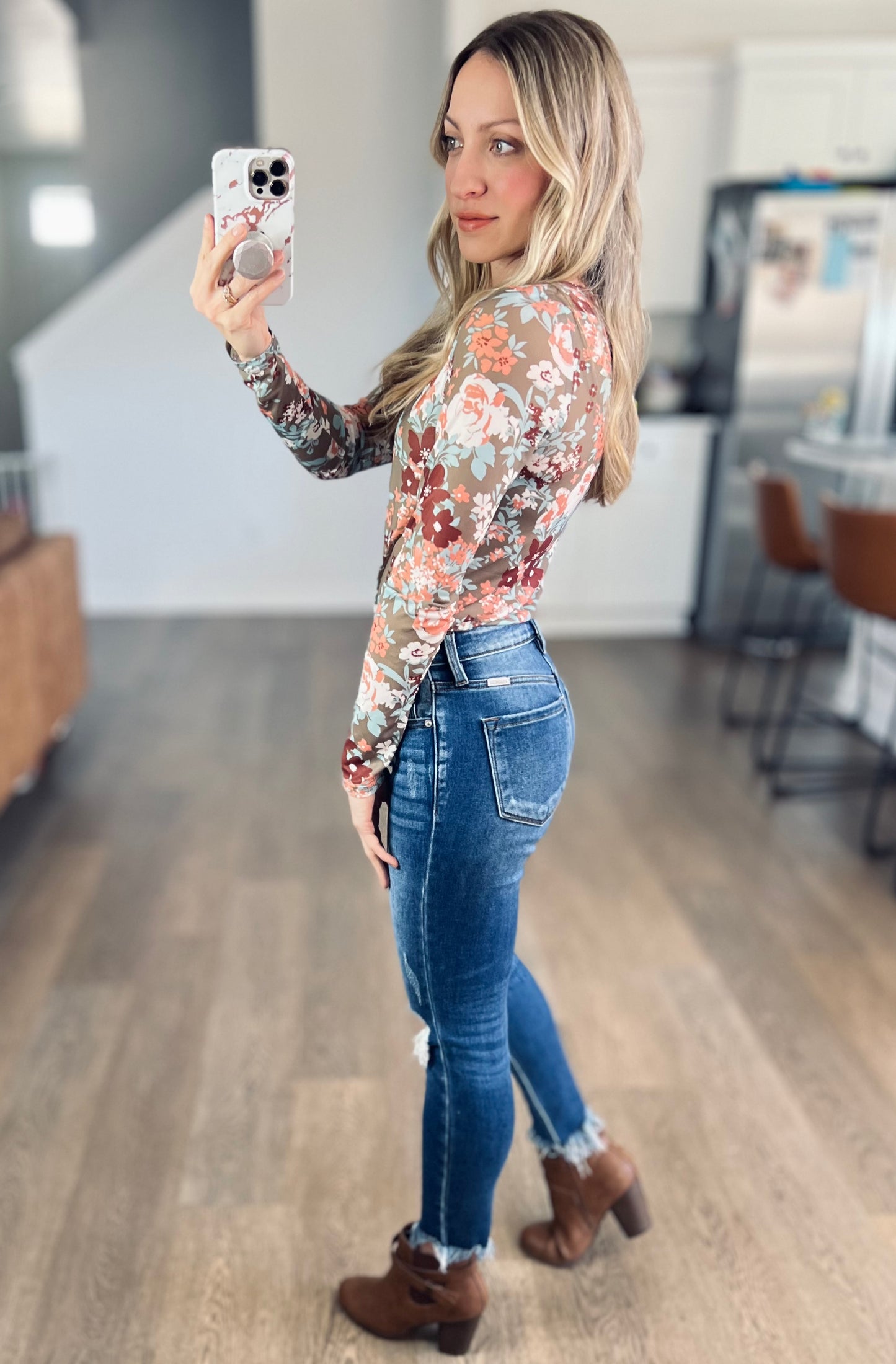 Sage Floral Mesh Top