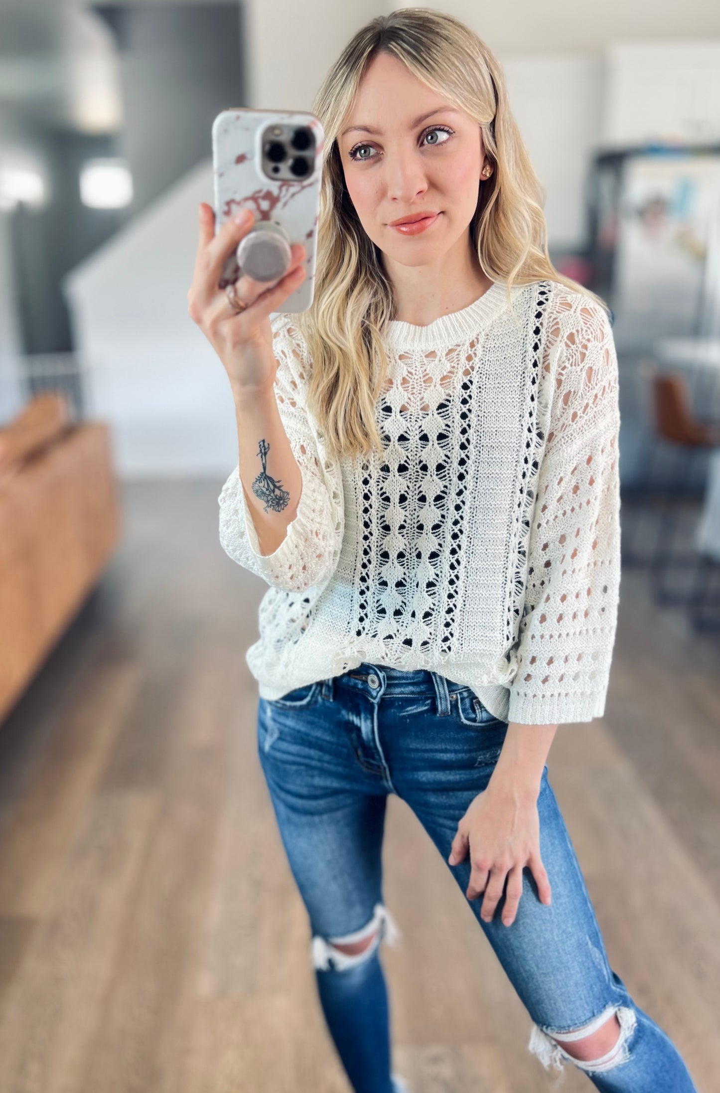 Lara Hollow Knit Sweater in Cream