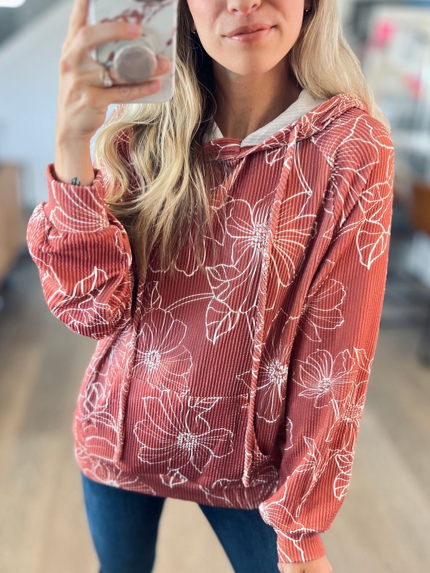 Maxine Floral Ribbed Hoodie in Rust