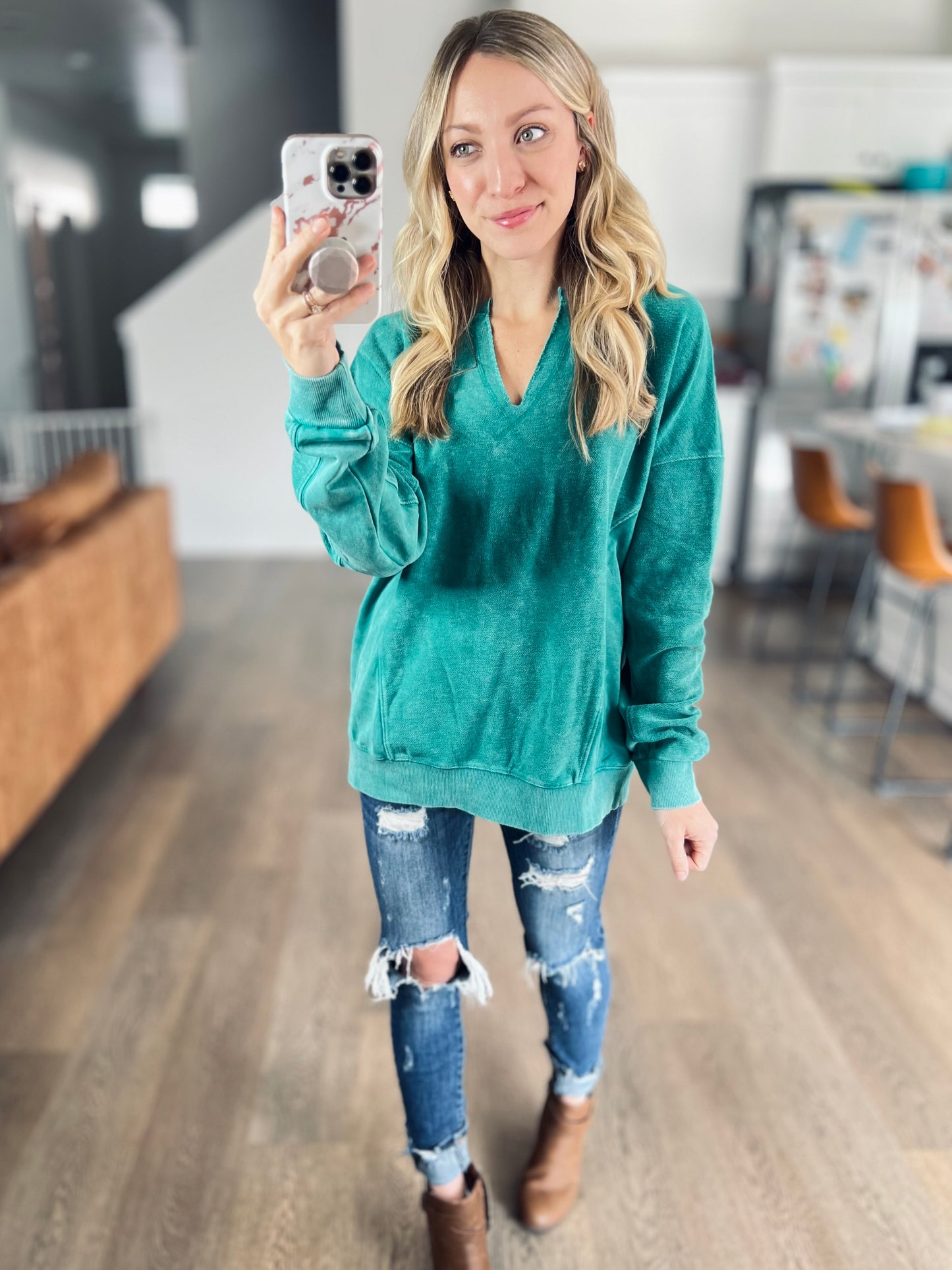 Notch Neck Pullover in Vintage Teal