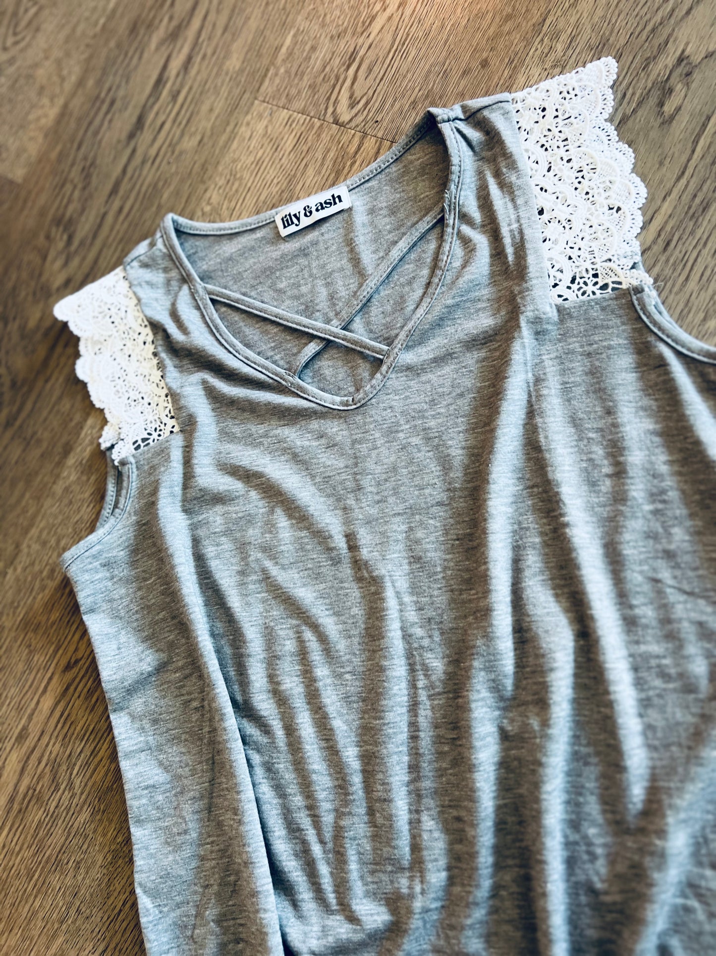 Lace Cross Front Top in Grey