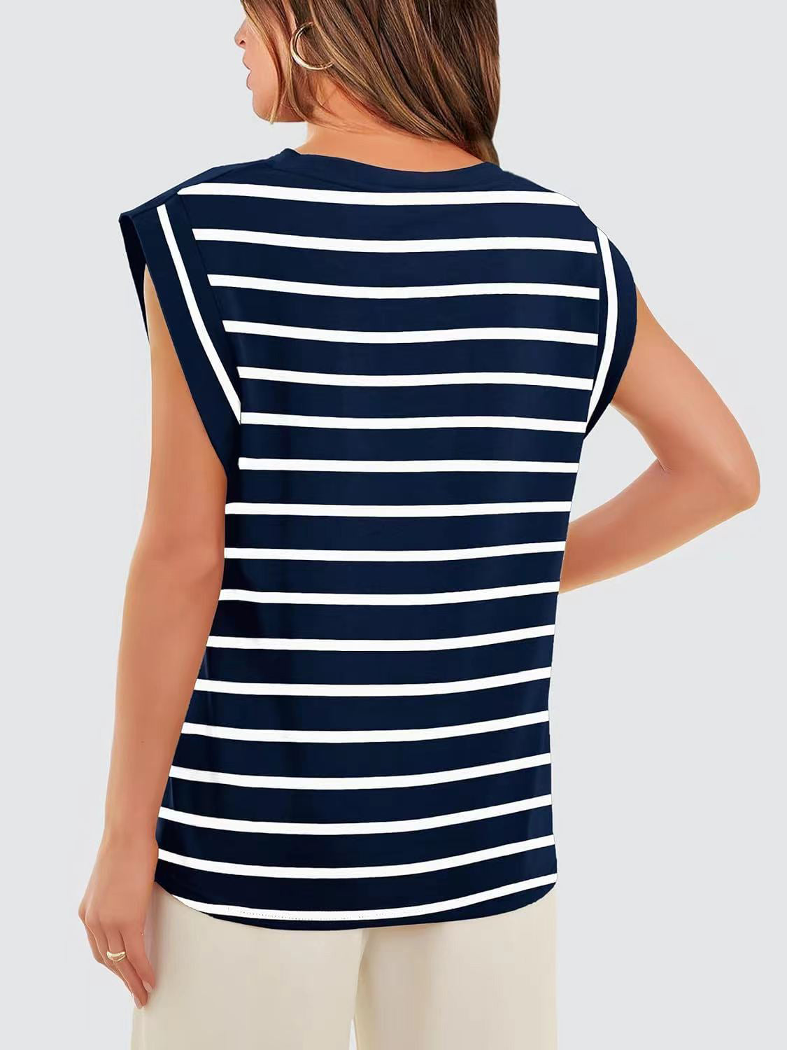 Striped Round Neck Cap Sleeve Top