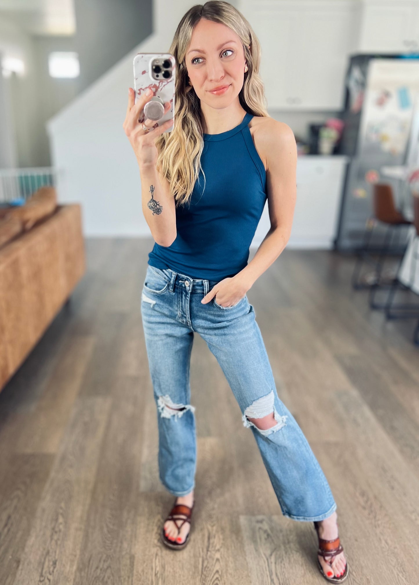 Skinny Rib Grecian Neck Built in Bra Tank