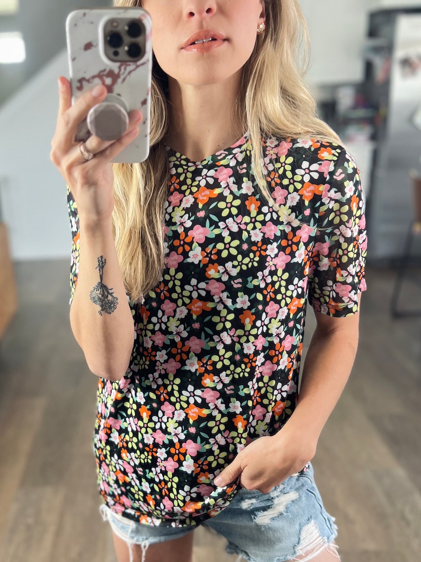 Deep Floral Mesh Top