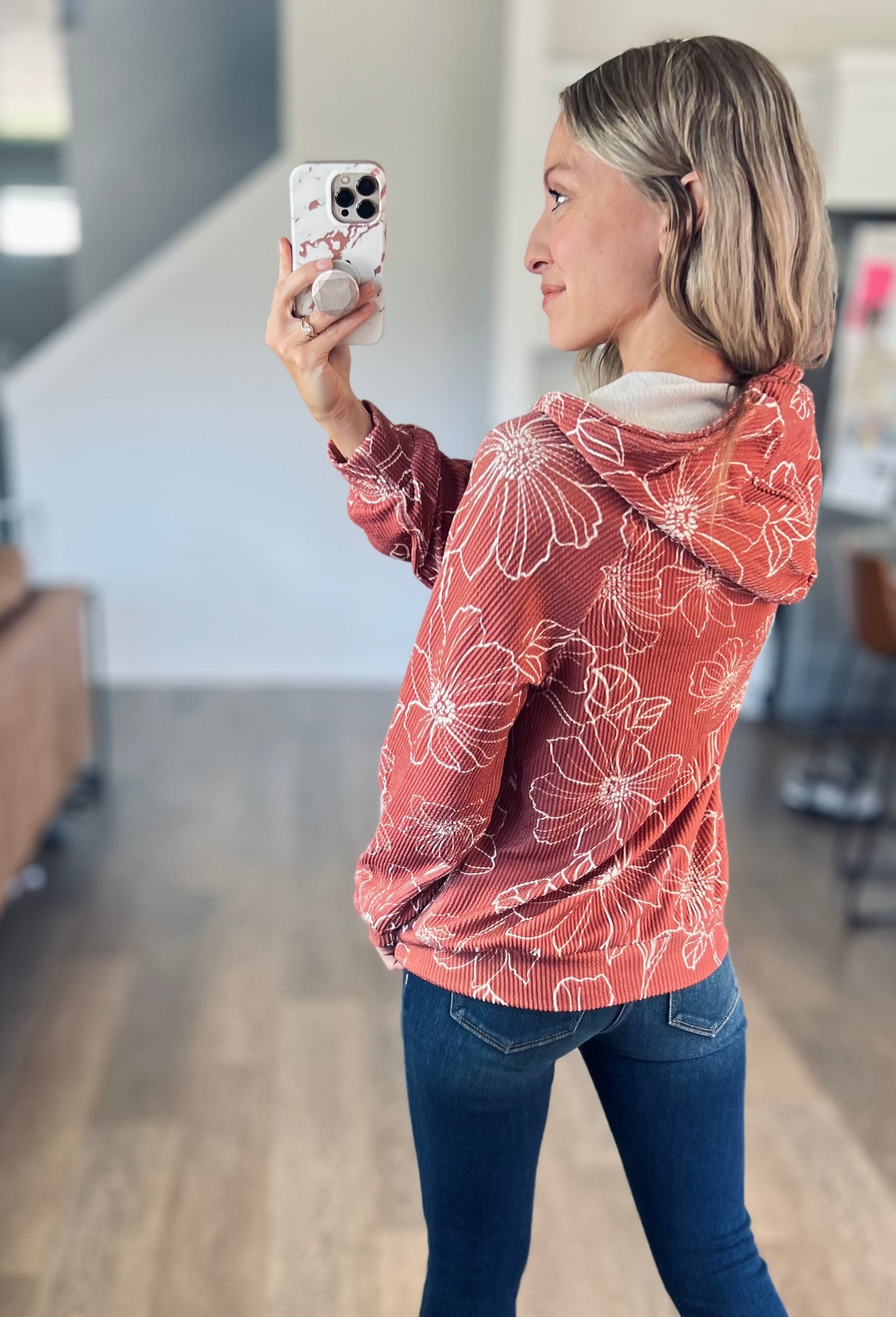 Maxine Floral Ribbed Hoodie in Rust