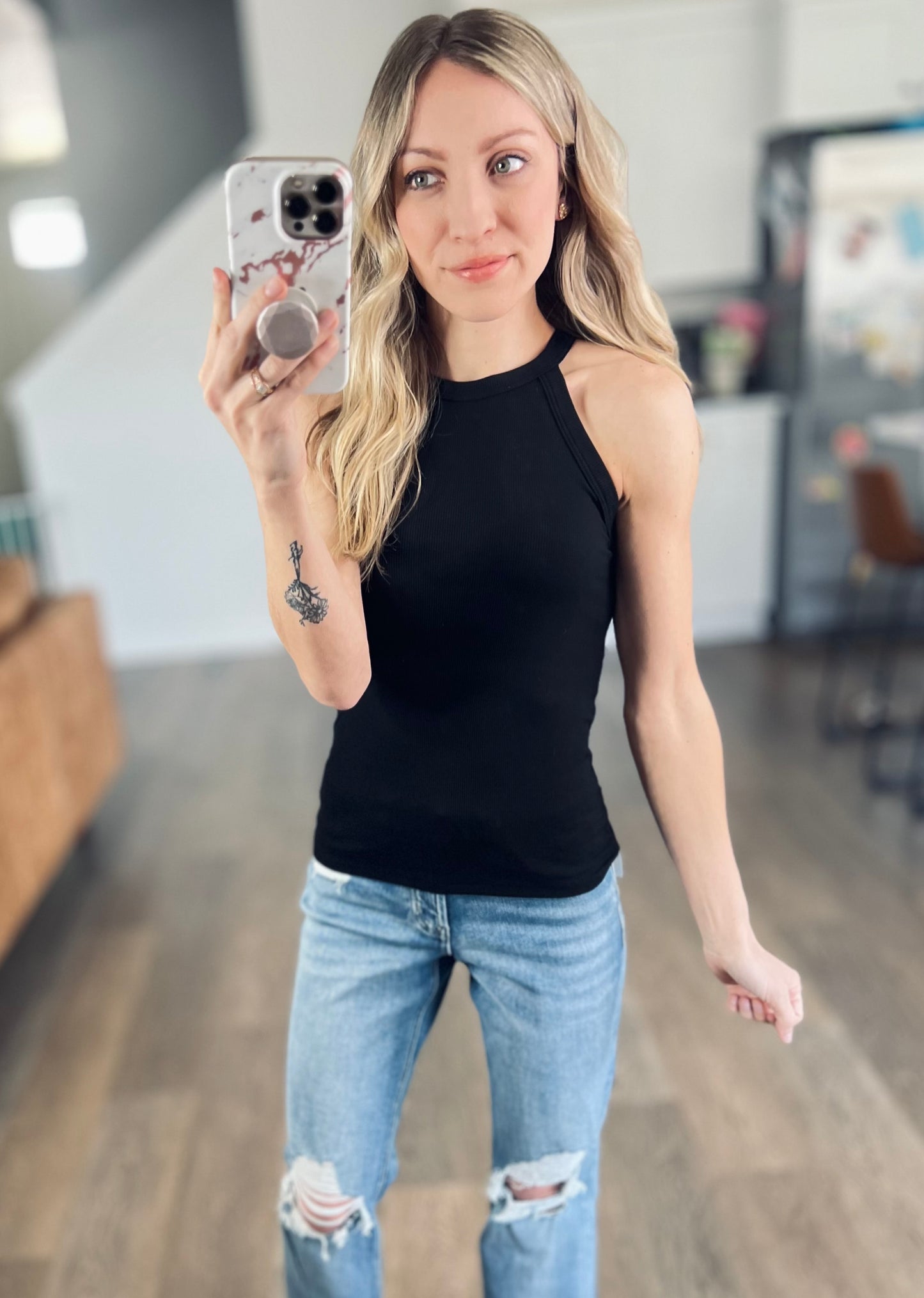 Skinny Rib Grecian Neck Built in Bra Tank
