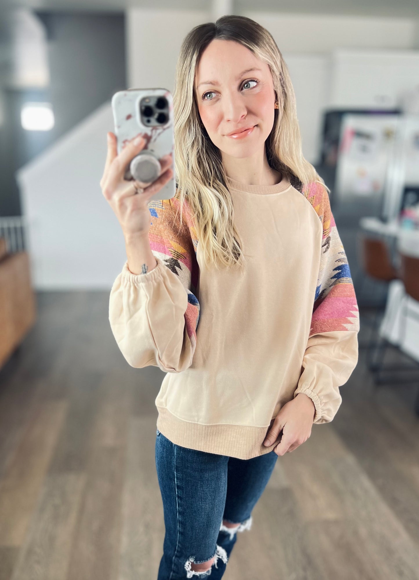 French Beige Aztec Pullover