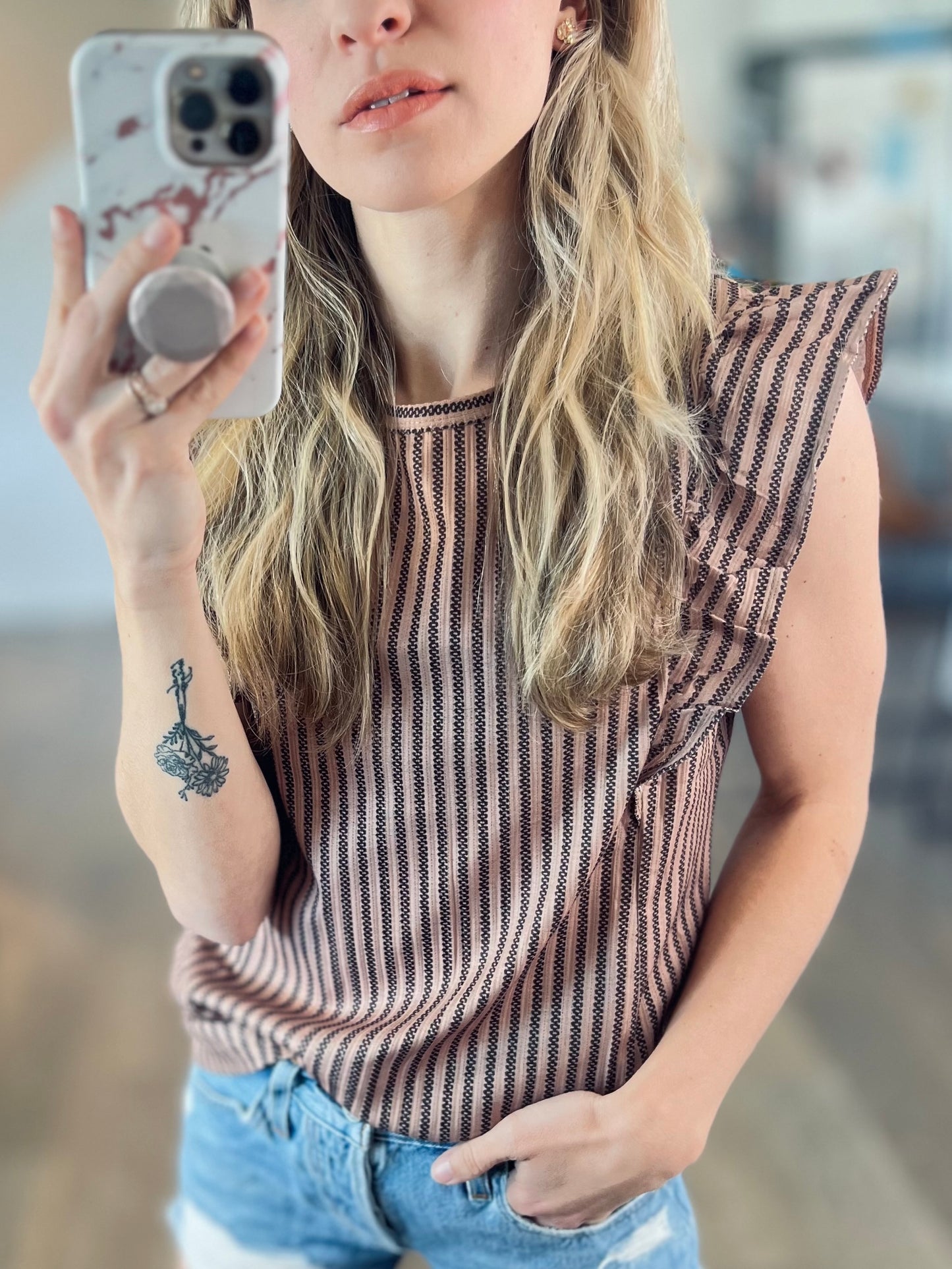Neutral Stripe Ruffle Top