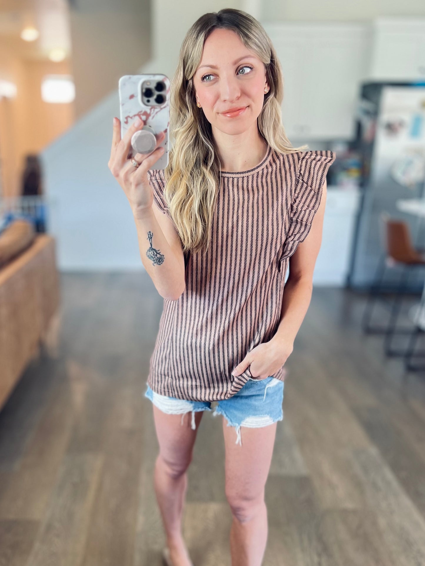 Neutral Stripe Ruffle Top