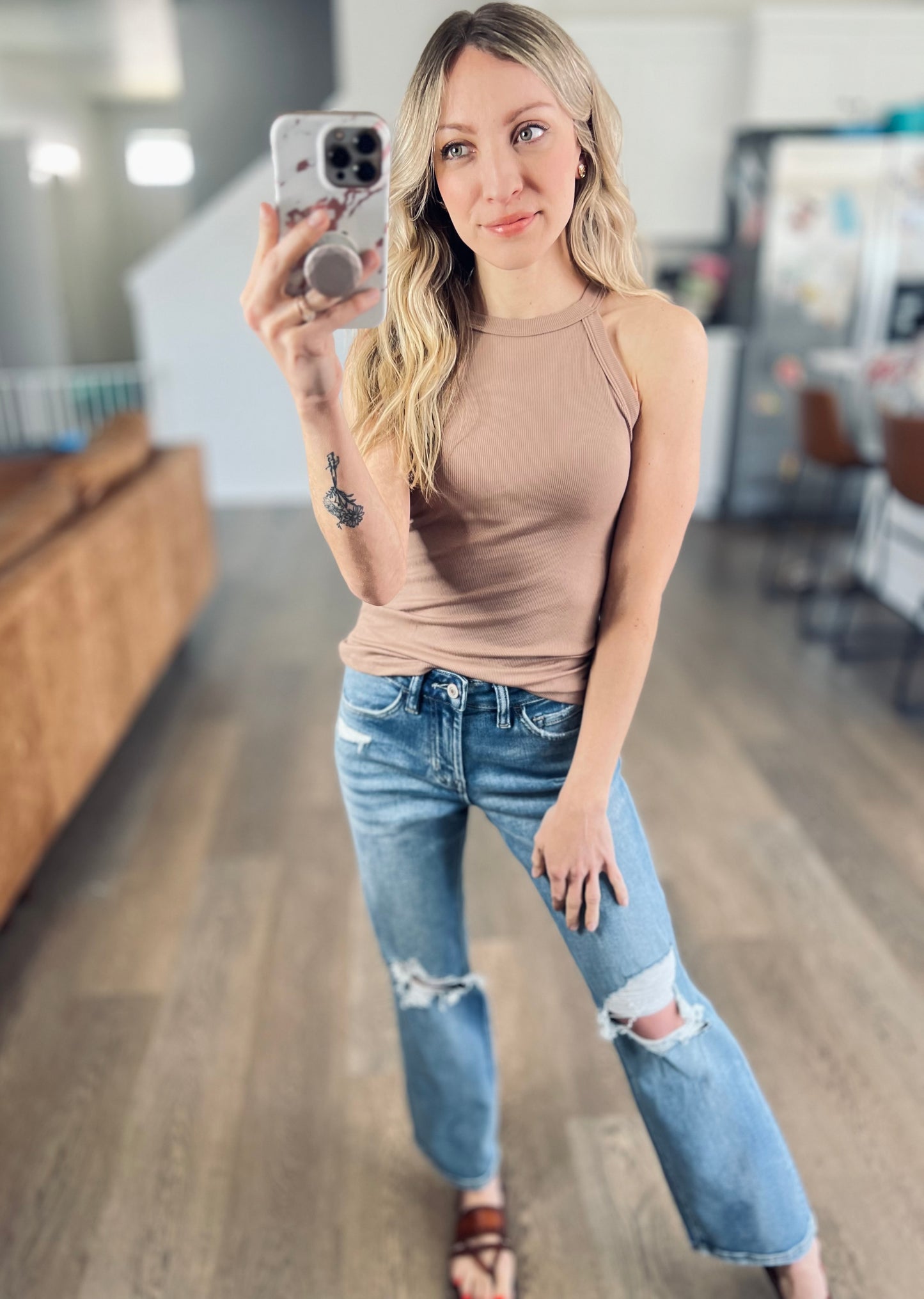 Skinny Rib Grecian Neck Built in Bra Tank