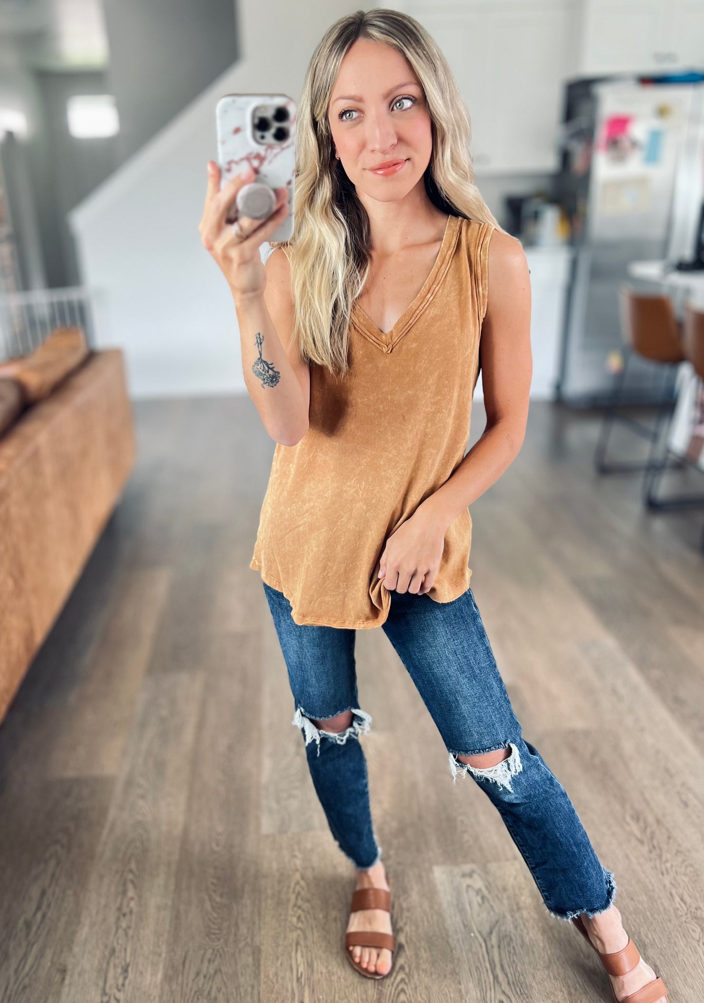 Crinkle Washed Sleeveless Top in Camel