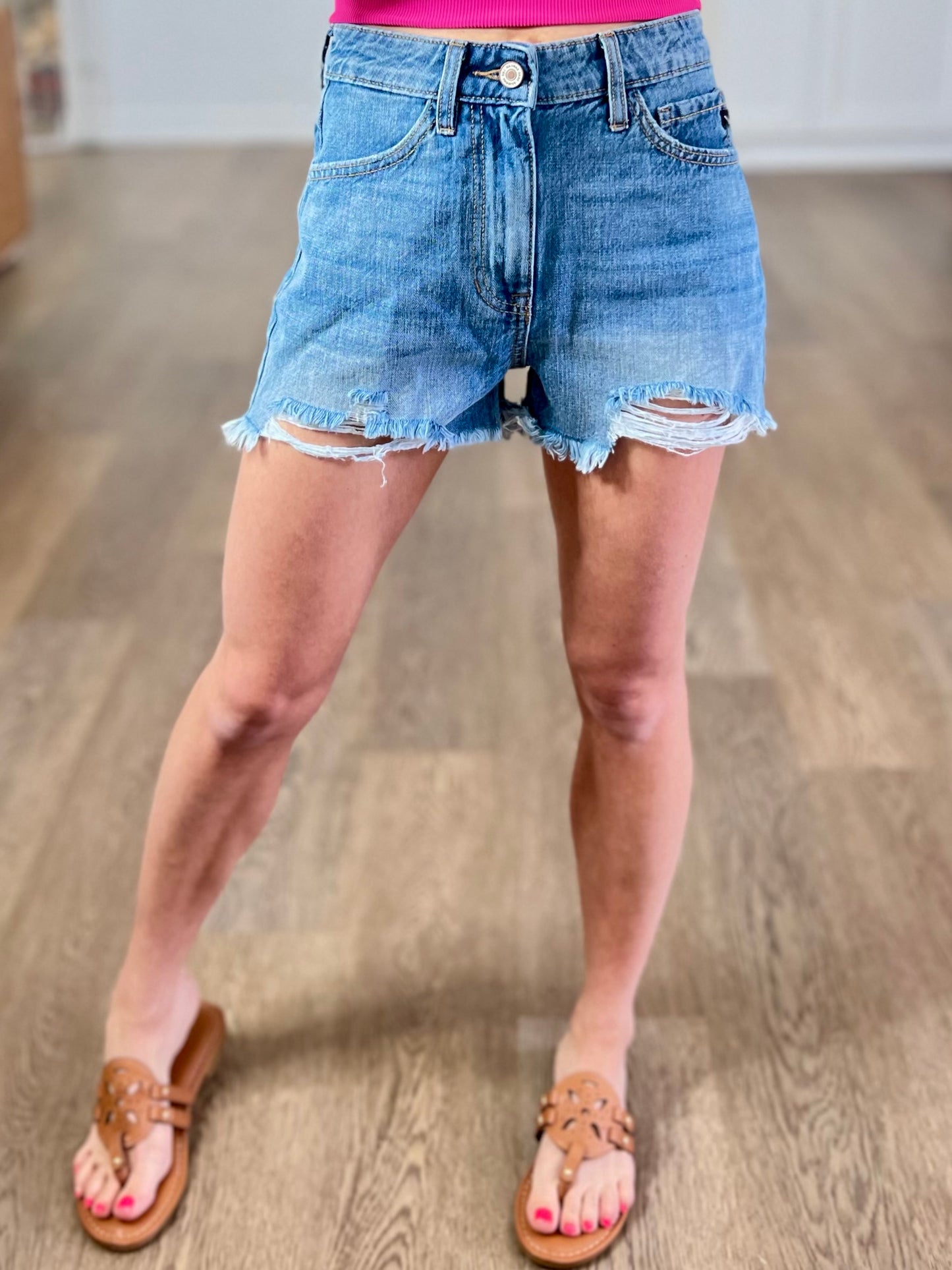 Kancan Distressed Raw Hem High Waist Denim Shorts