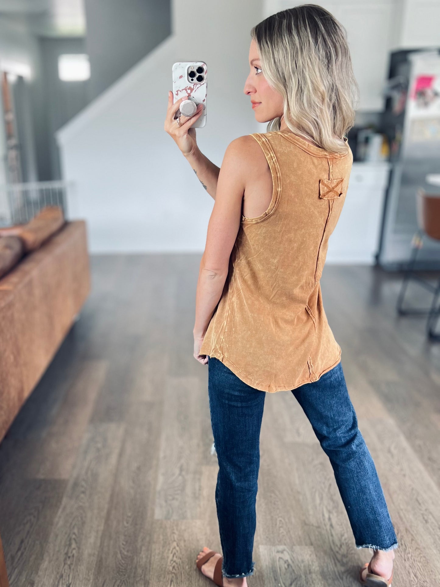 Crinkle Washed Sleeveless Top in Camel