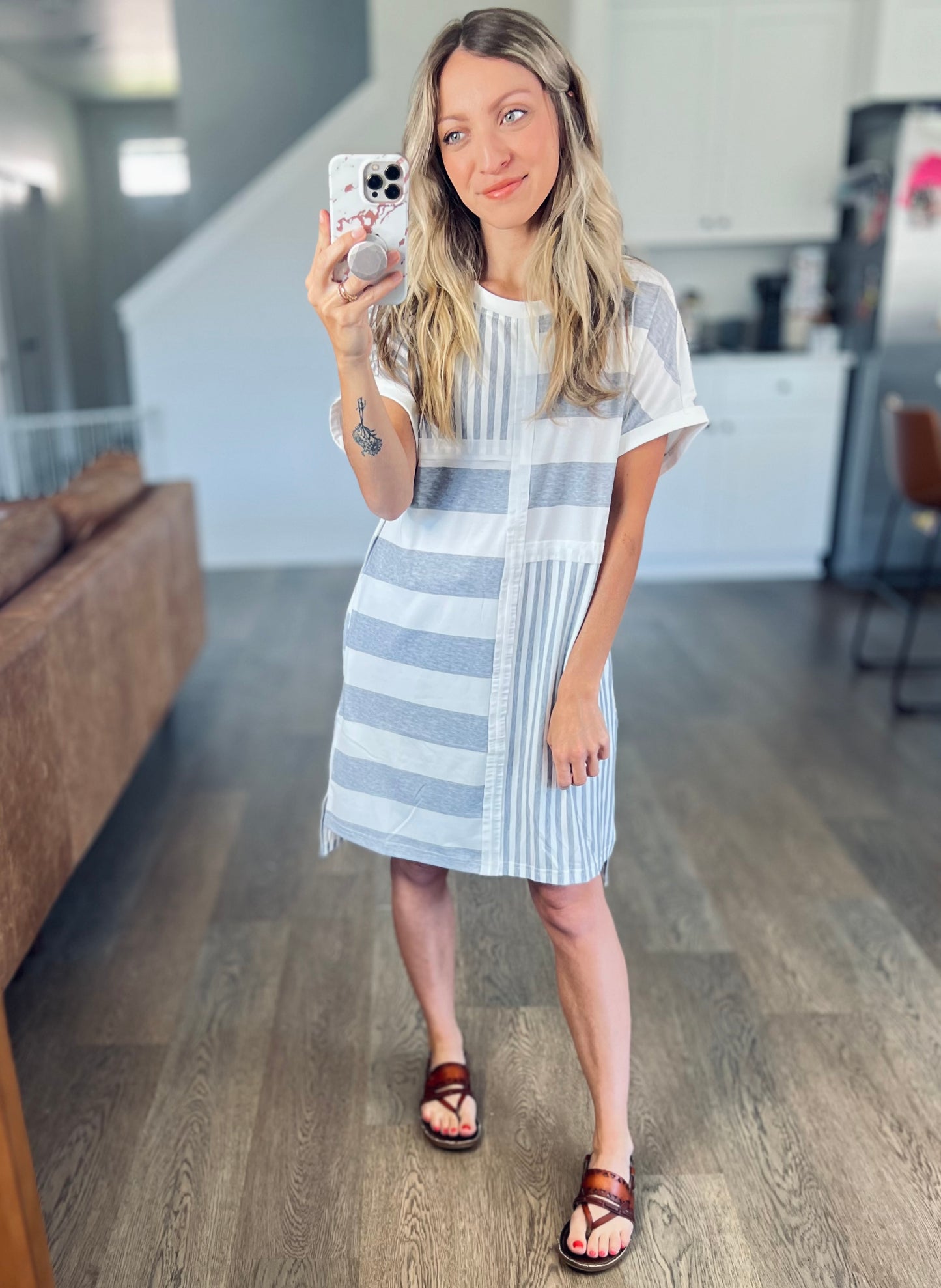 Gray Stripe Mixed Printed T Shirt Dress