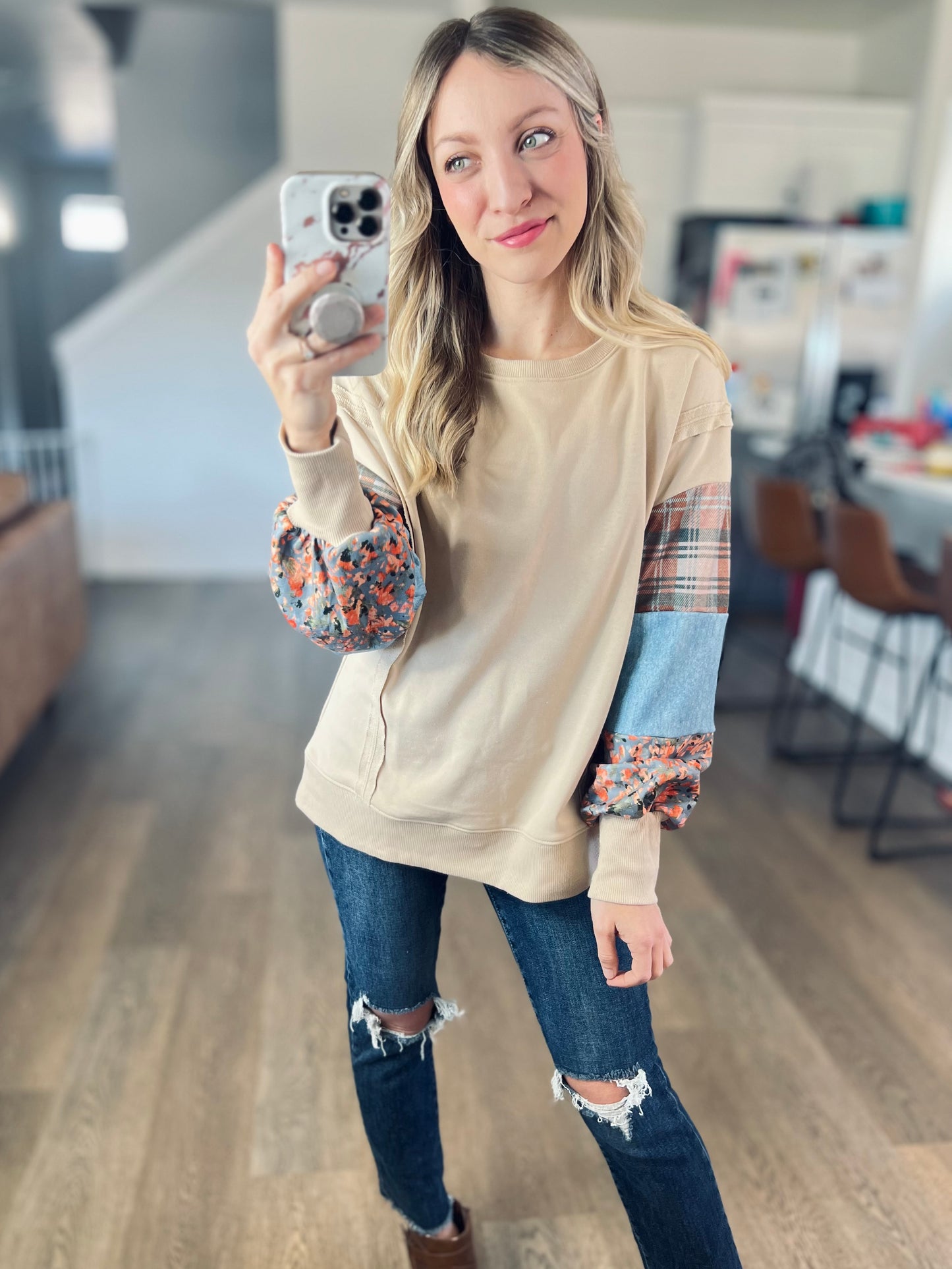Spring Floral & Plaid Pullover