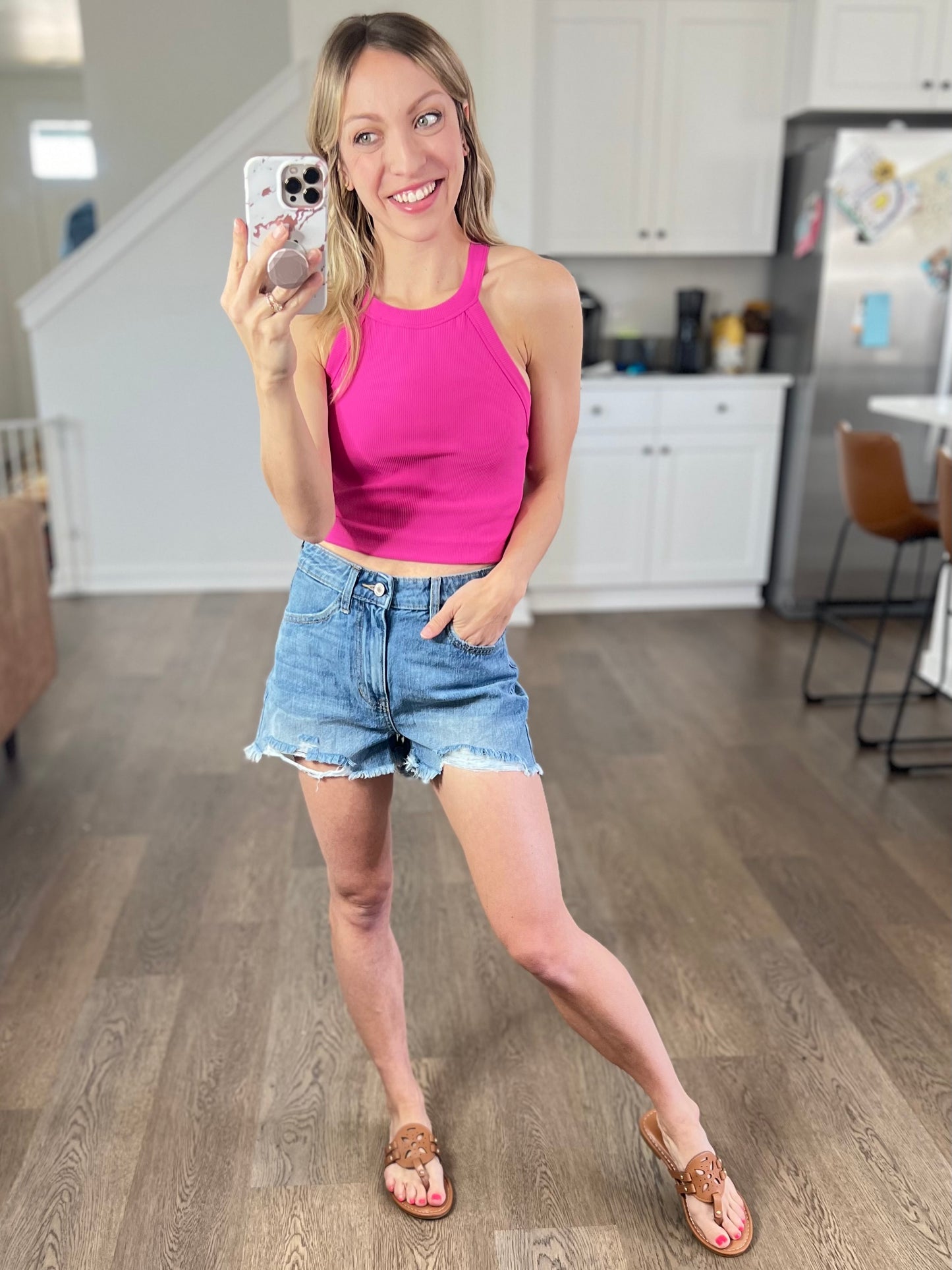 Kancan Distressed Raw Hem High Waist Denim Shorts