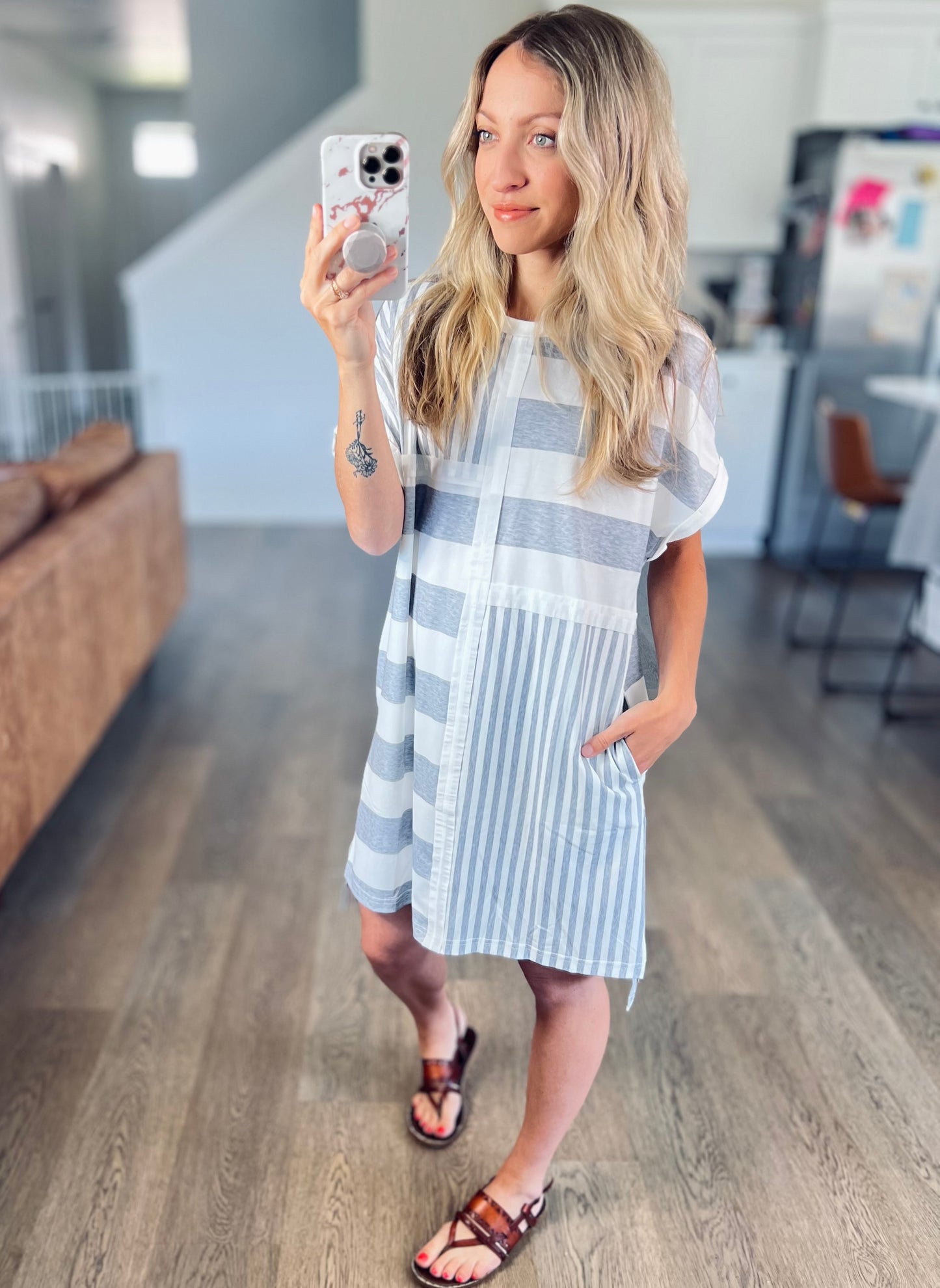 Gray Stripe Mixed Printed T Shirt Dress
