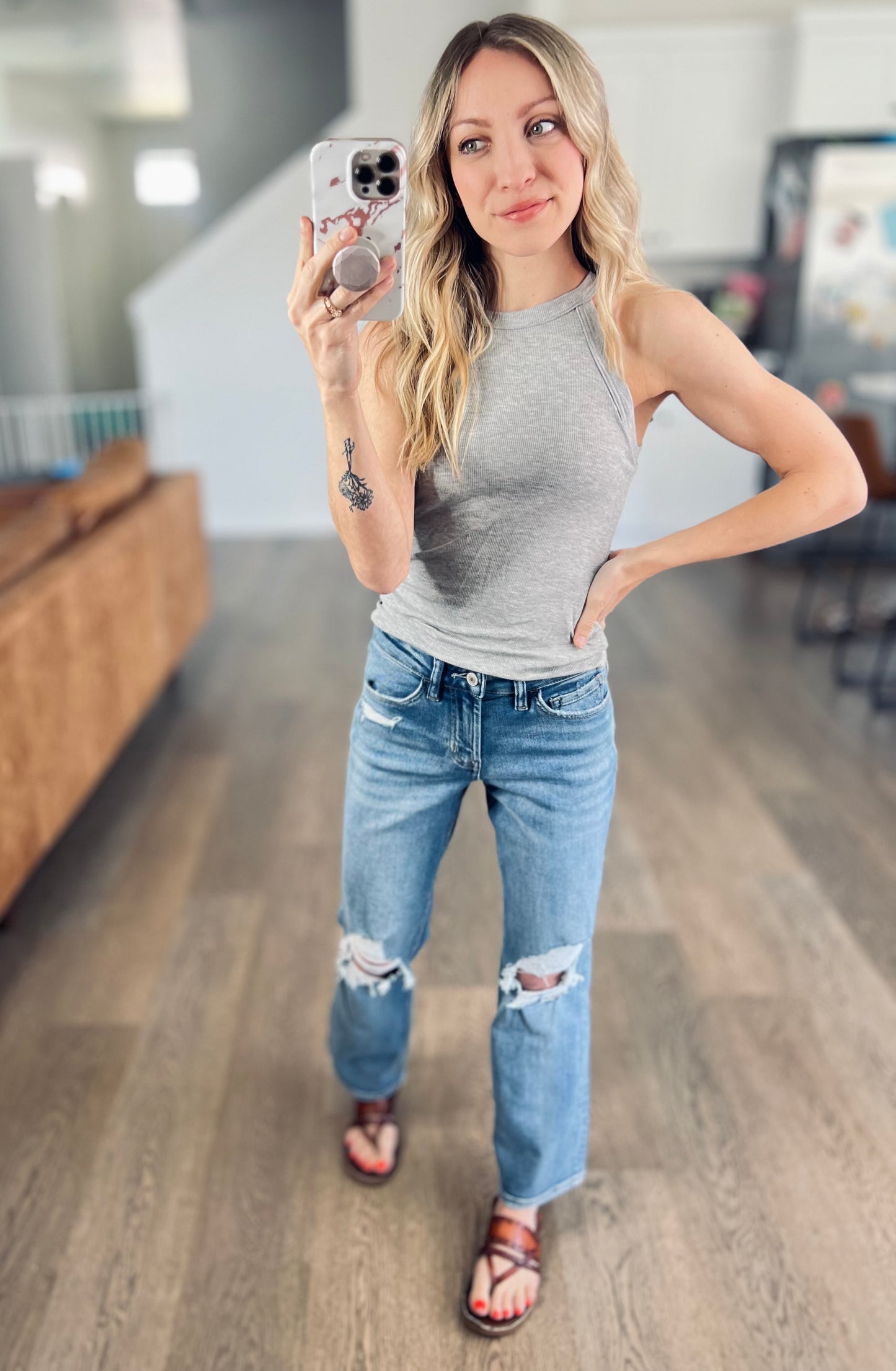 Skinny Rib Grecian Neck Built in Bra Tank