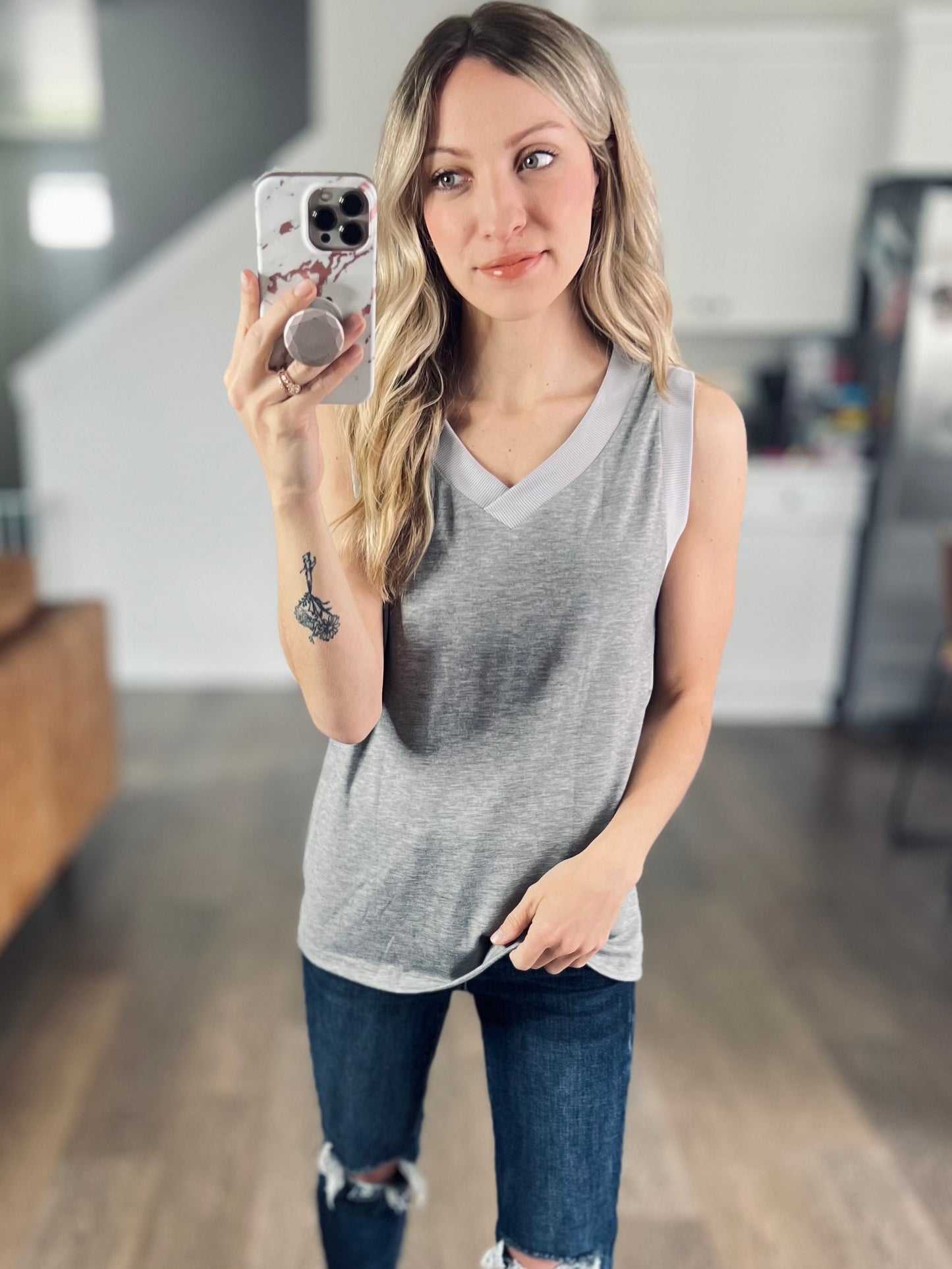 V-Neck Wide Strap Tank in Grey