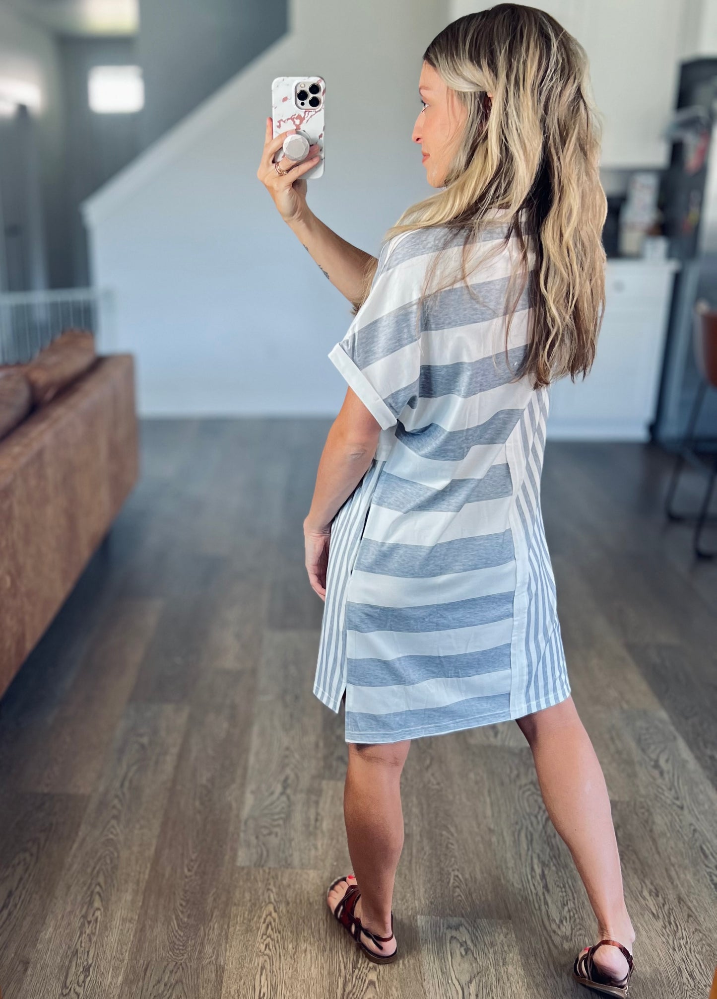 Gray Stripe Mixed Printed T Shirt Dress