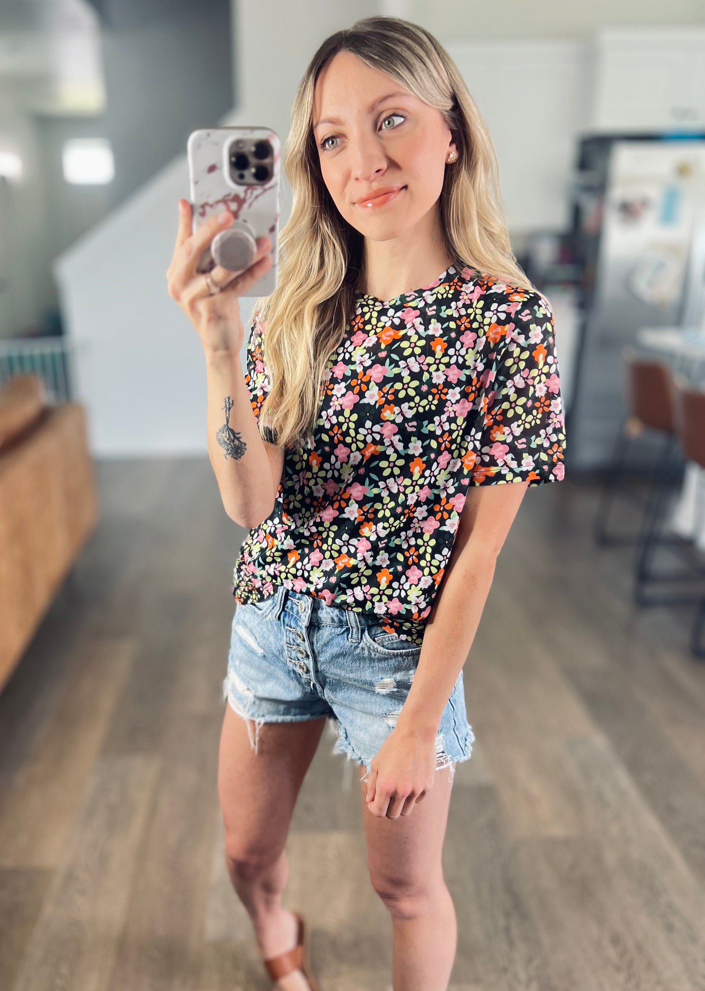 Deep Floral Mesh Top