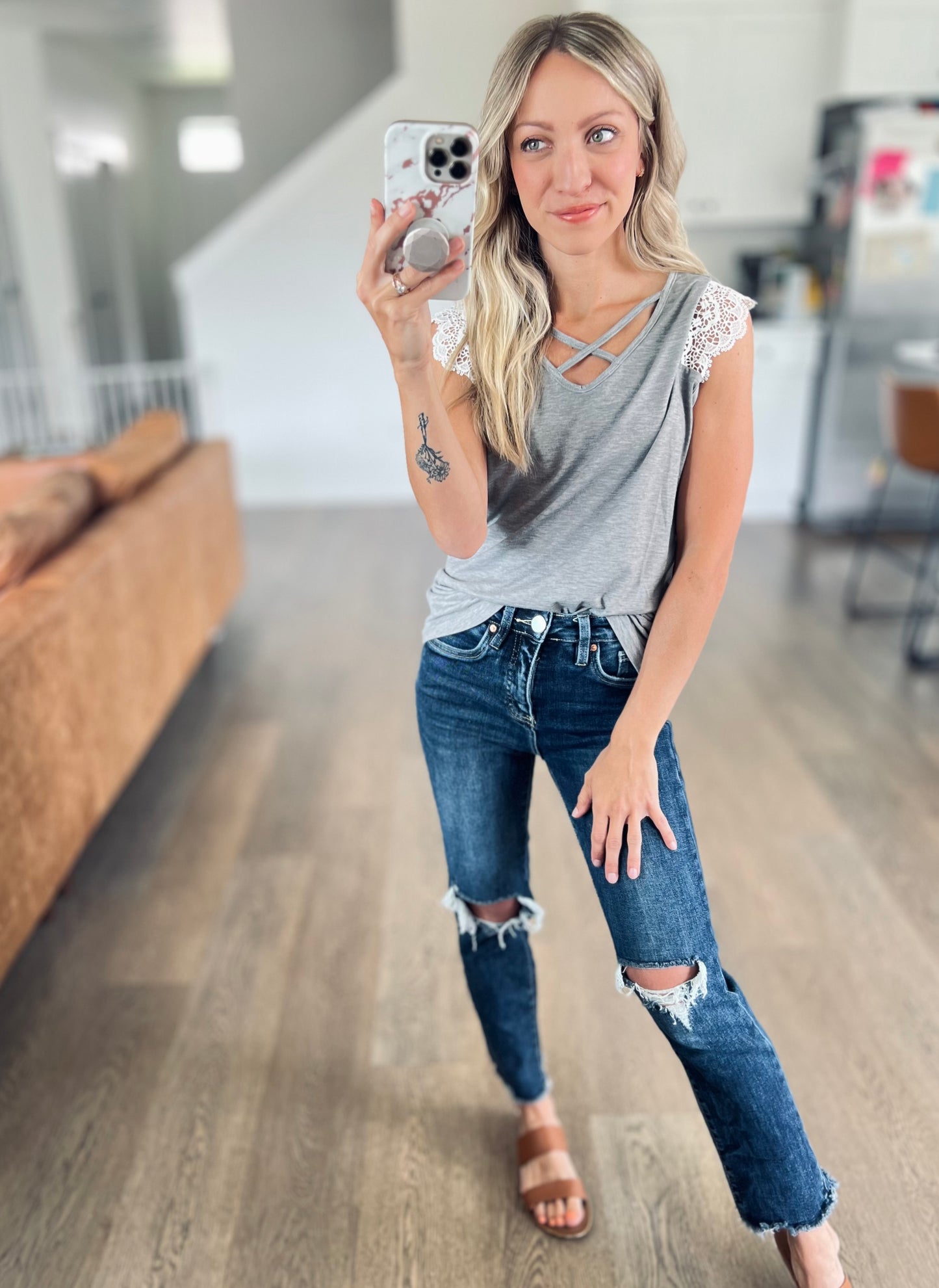 Lace Cross Front Top in Grey