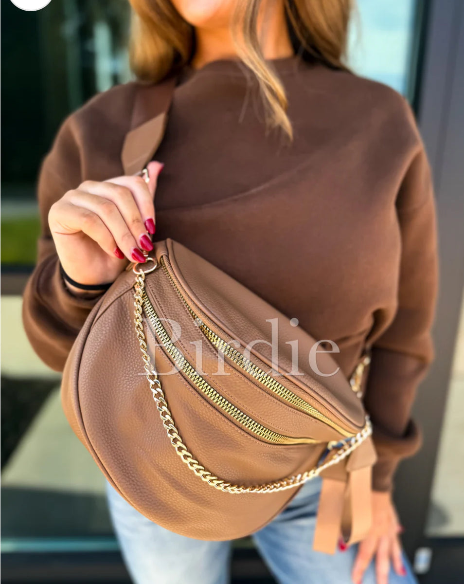 Camel Double Zipper Crossbody Bag Preorder // eta Nov