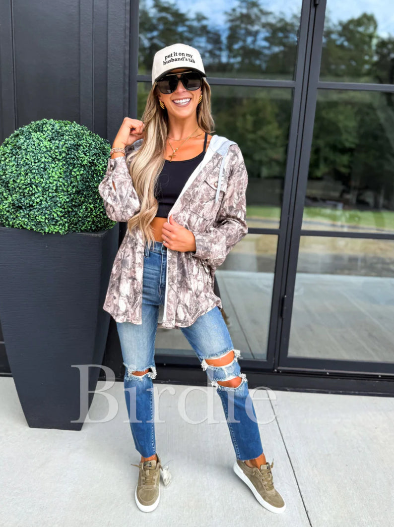 PREORDER: Dark Camo Hooded Ribbed Shacket //eta Dec