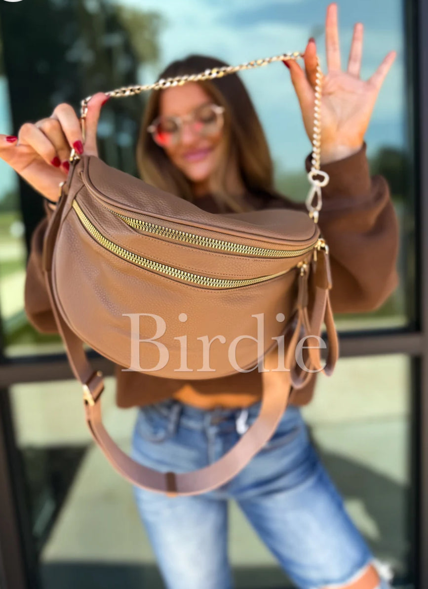 Camel Double Zipper Crossbody Bag Preorder // eta Nov