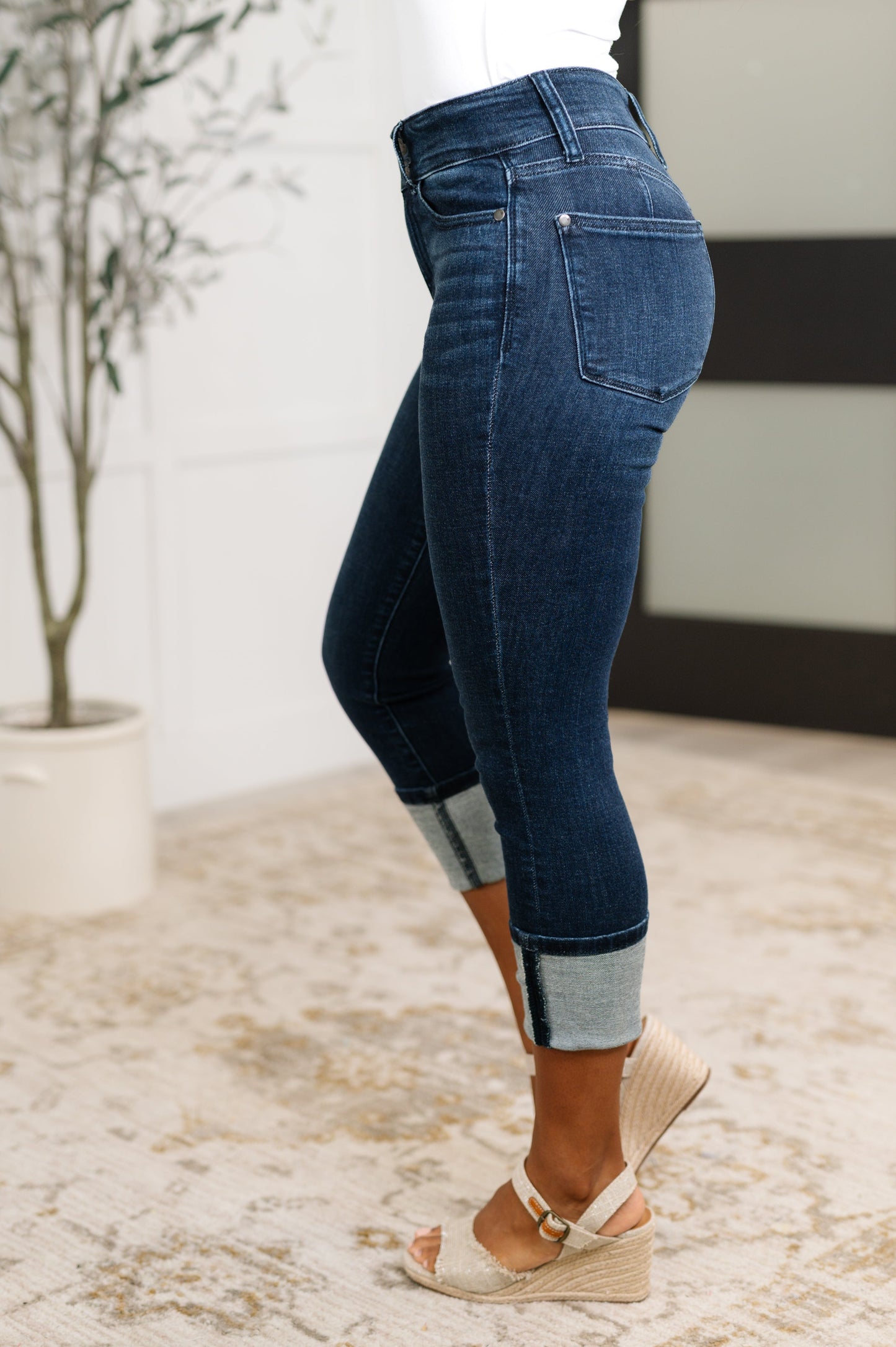 Dark Wash High Rise Double Button Capris - Judy Blue