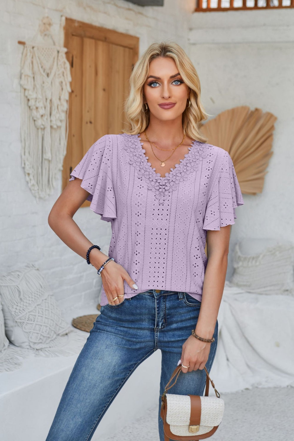 Amy Eyelet Flutter Sleeve Top