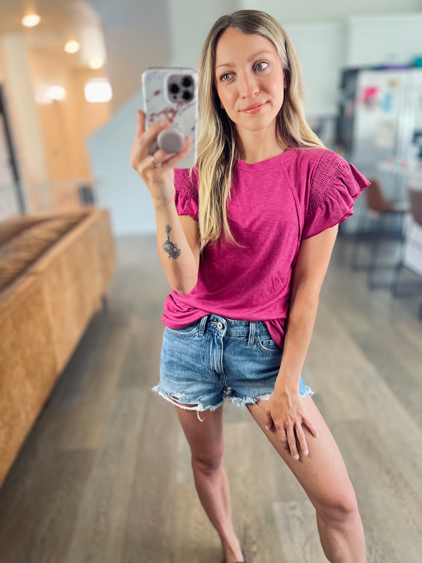 [6 colors] Ruffle Sleeve Round Neck Top