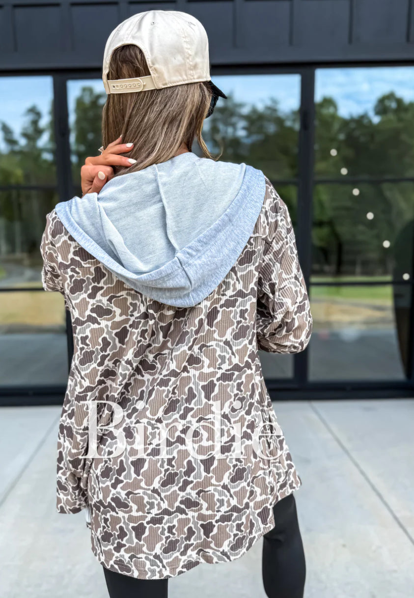 PREORDER: Duck Camo Hooded Ribbed Shacket //eta Dec