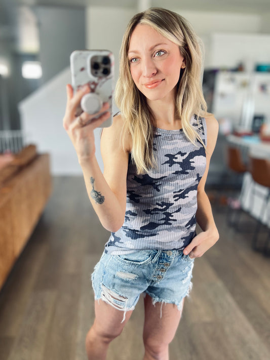SHIPS FREE TODAY // Gray Camo Ribbed Tank Top