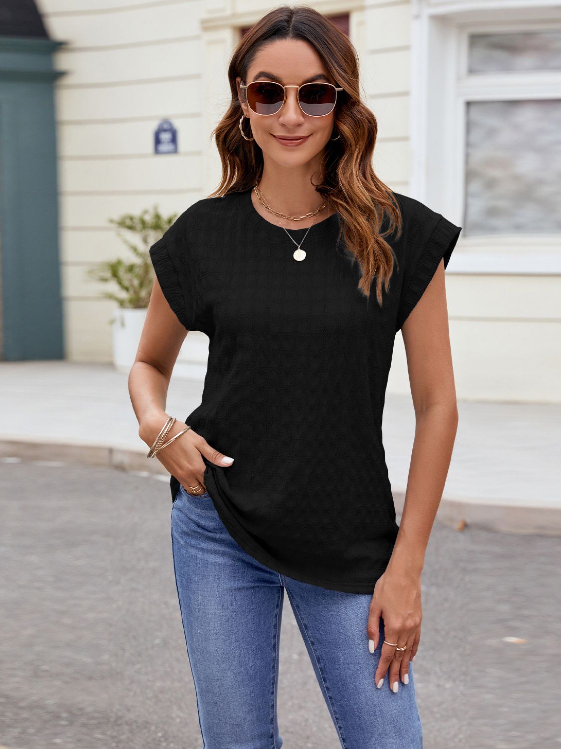 Textured Round Neck Cap Sleeve Top