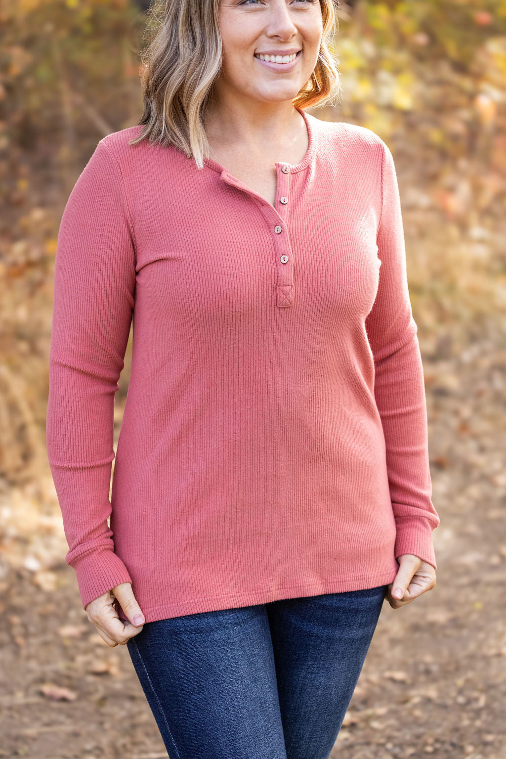 Brielle Henley Ribbed Long Sleeve - Terra Cotta