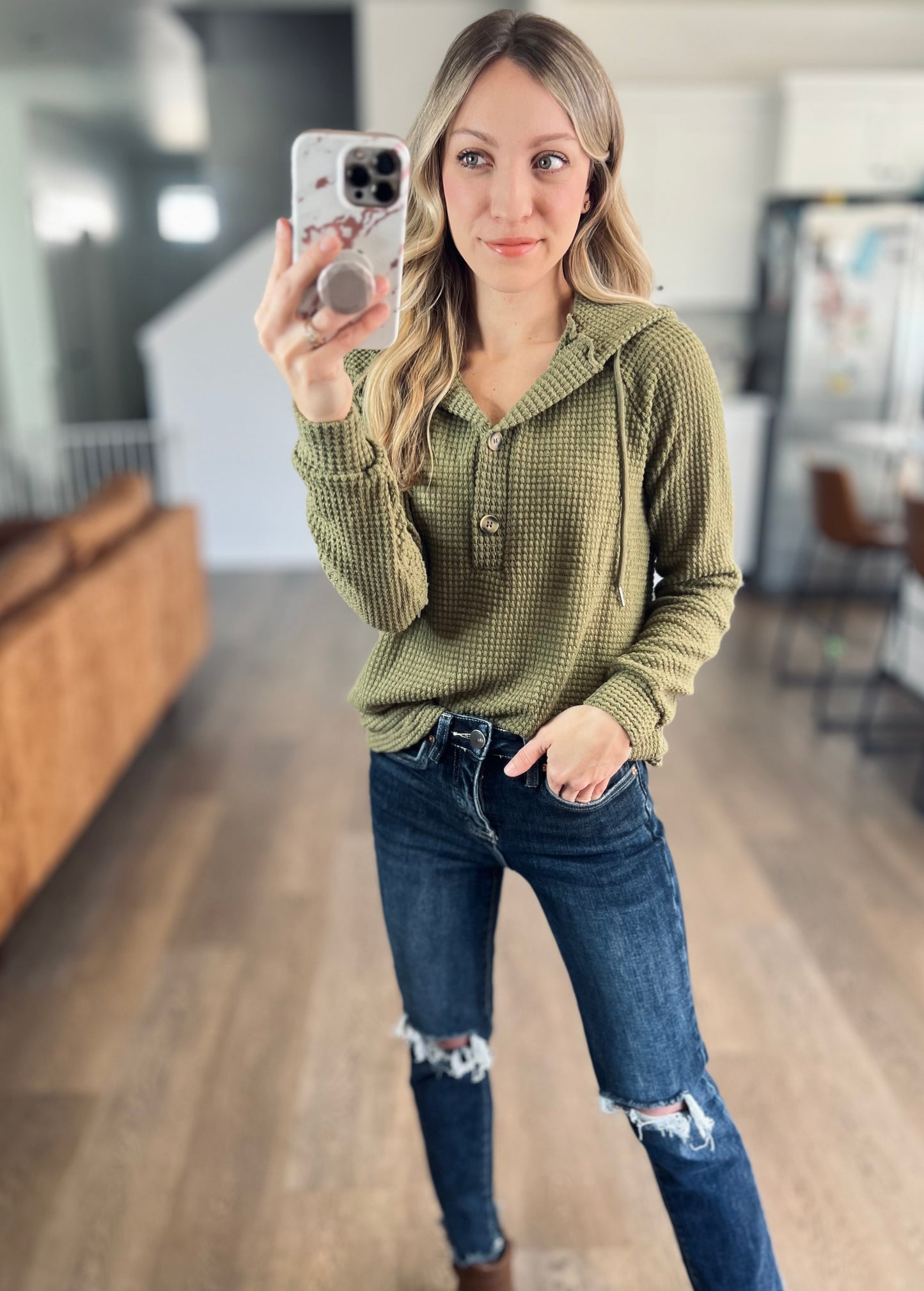 Waffle Knit Long Sleeve Drawstring Hooded Top