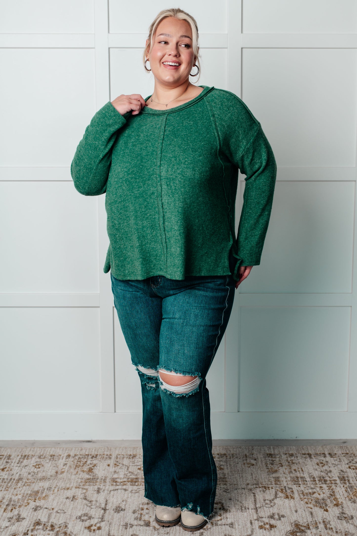 Cozy Day Brushed Hacci Sweater in Dark Green