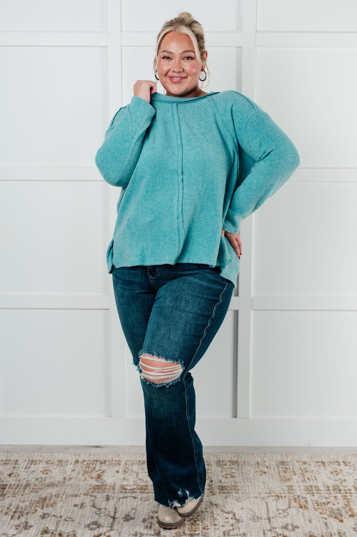 Cozy Day Brushed Hacci Sweater in Dusty Teal