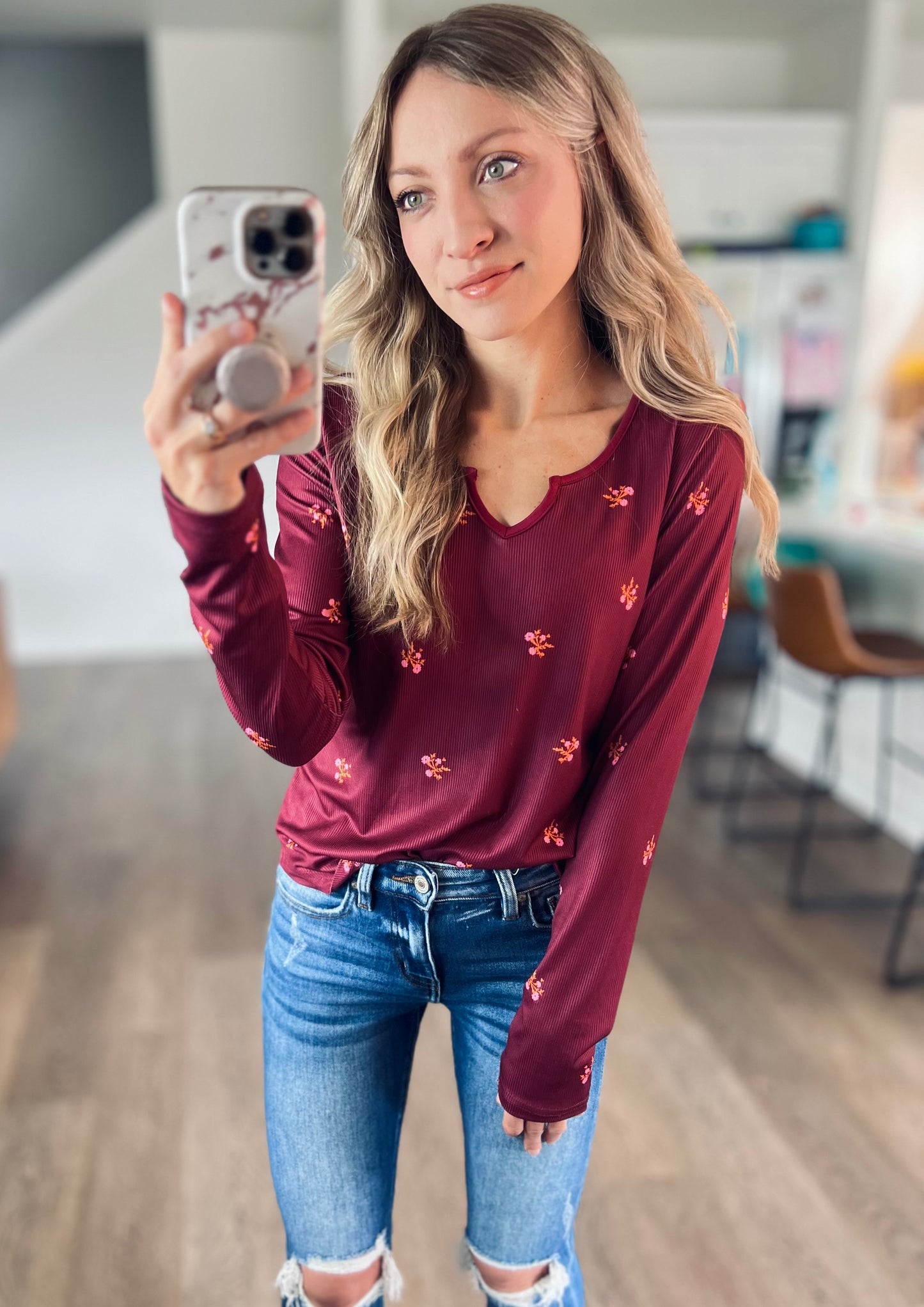 *free ship today* Burgundy Ribbed Floral Long Sleeve