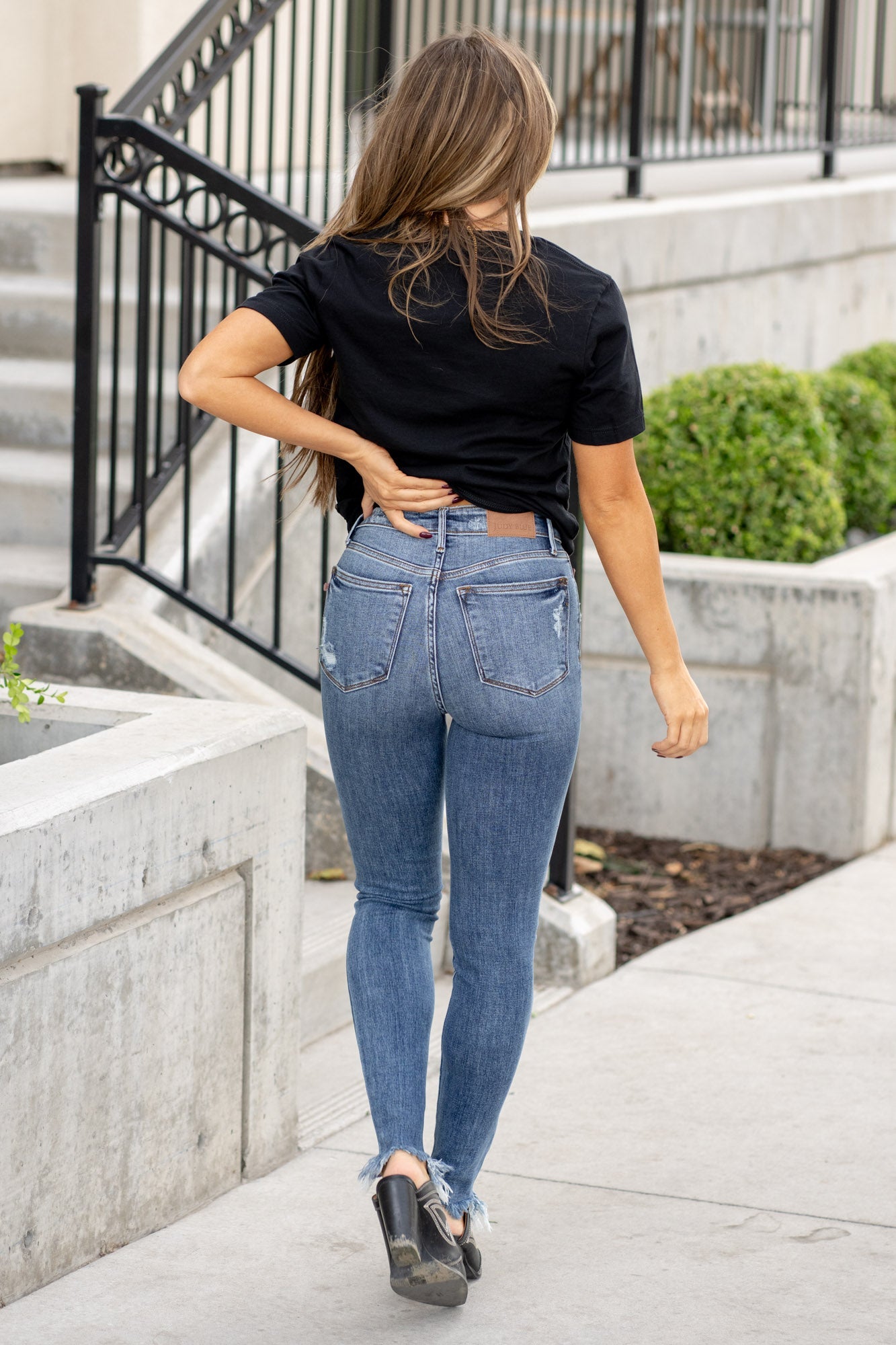 High Waist Skinny Jeans w/ Shark Bit Hem - Judy Blue